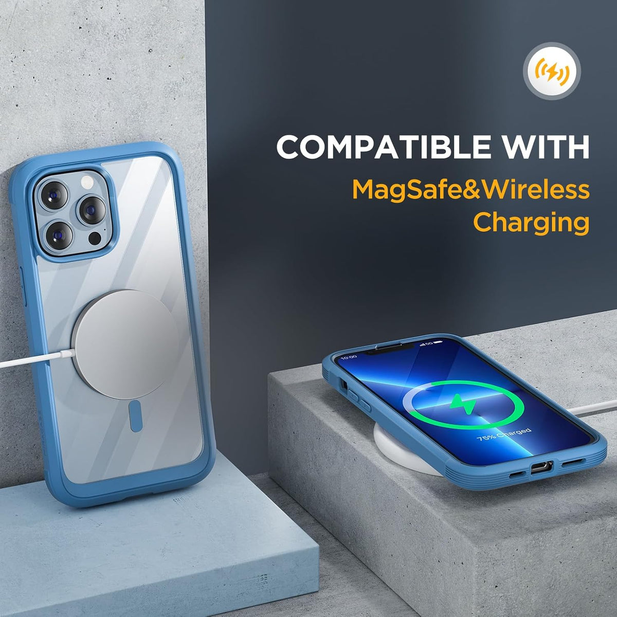 Miracase Magnetic Glass for iPhone 13 Pro Case,Compatible with MagSafe,Full-Body Protection Bumper with Shockproof Military-Grade,Built-in 9H Tempered Glass Screen Protector,Capri Blue