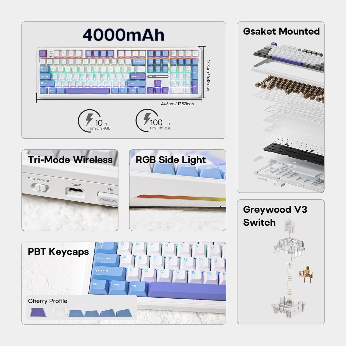 EPOMAKER Aula F108 Wireless Gaming Keyboard, Full Size Mechanical Keyboard with 4000mAh Battery, 108 Hot-Swappable and Programmable Keys, RGB Backlight, for Mac/PC/Android (White&Blue)