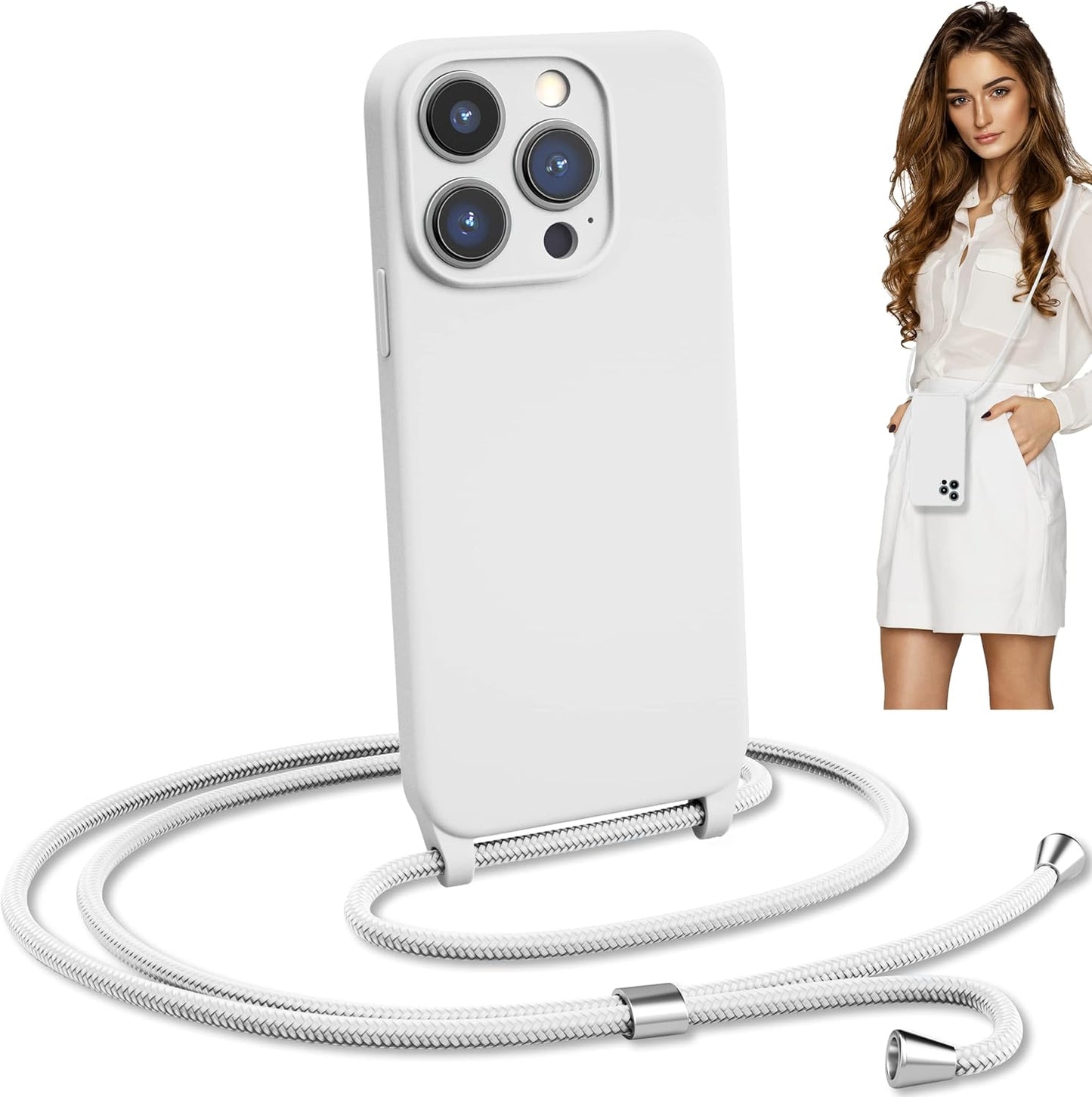 Blaspins Crossbody Strap Phone Case for iPhone 13 Pro Max, Adjustable Rope, Belt Neck Lanyard, String Detach Lanyard, Drop Proof Sturdy, Wrist Hand Free Protective Cover 6.7 inch 13 Pro Max - White