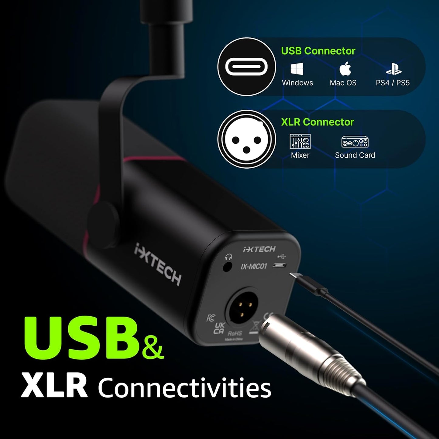 IXTECH Cardioid Dynamic Microphone with Mic Cover, Vocal USB XLR Microphone for Podcasting, Streaming, Recording, Gaming and Voice-Over (Black)