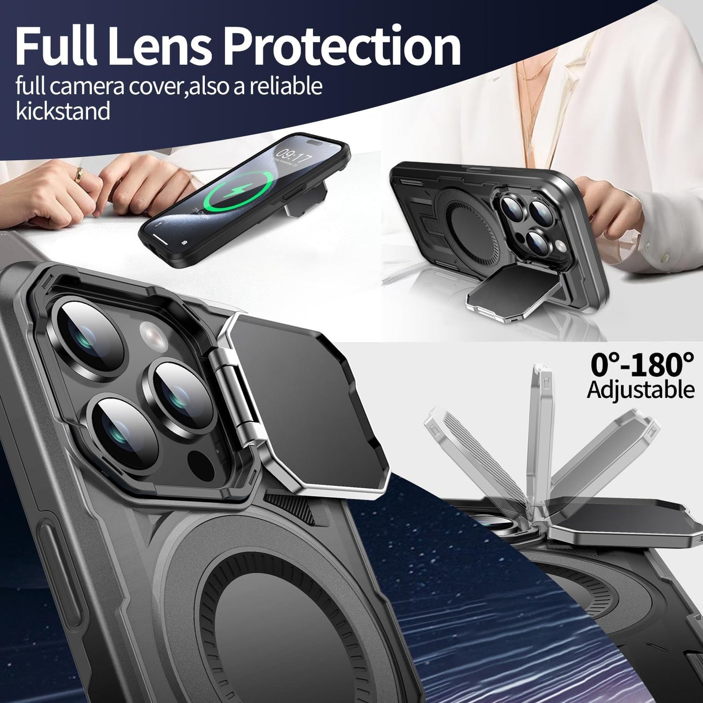 Camera Stand Case for iPhone 15 Pro, [Compatible with MagSafe] [Lens Cover] 2024 Version Military Grade Protective Soft Case for iPhone 15 Pro 6.1 inch Men Women, Black