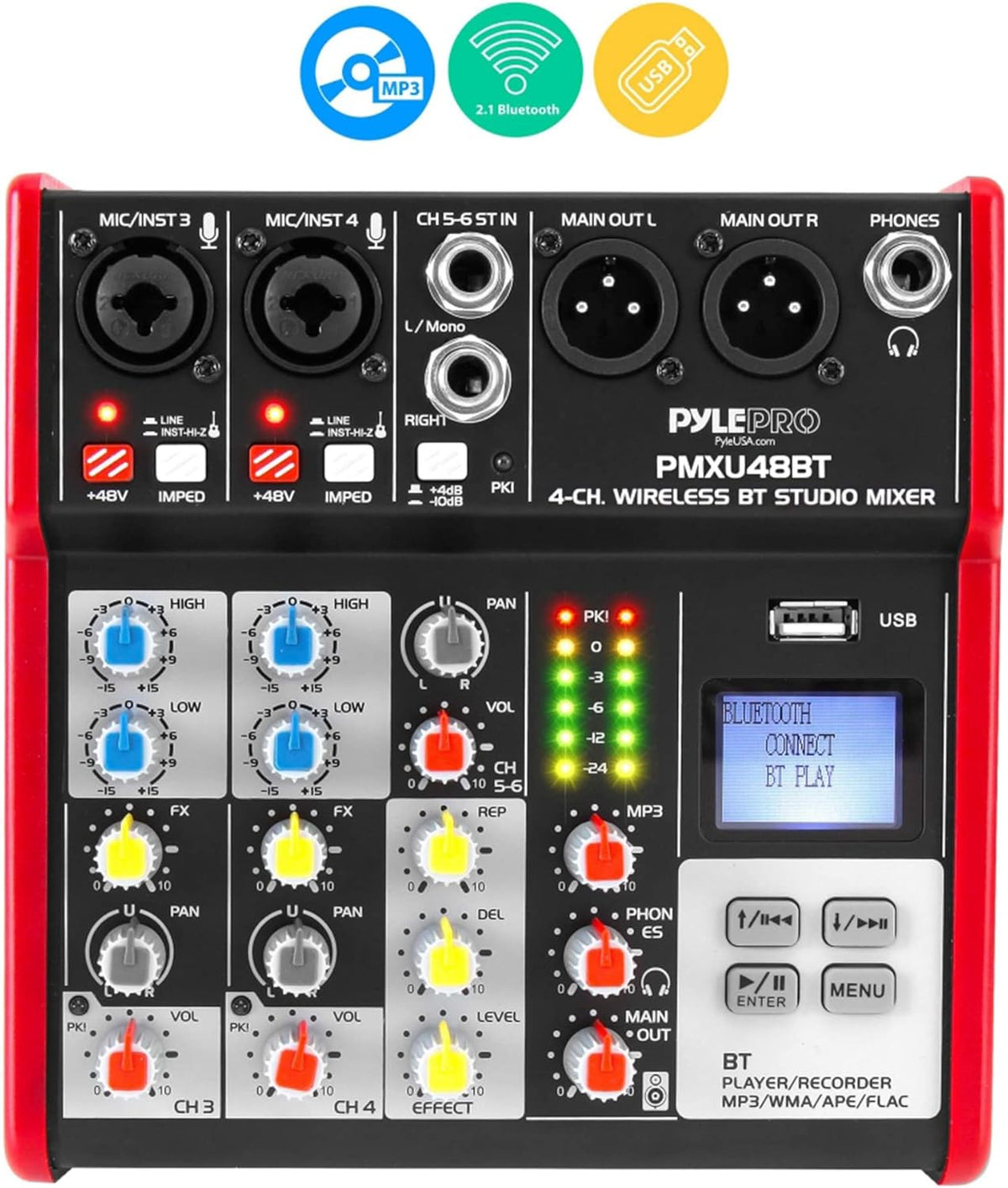 Pyle Studio Audio Sound Mixer Board - 4 Channel Bluetooth Compatible Professional Portable Digital DJ Mixing Console W/USB Mixer Audio Interface - Mixing Boards for Studio Recording