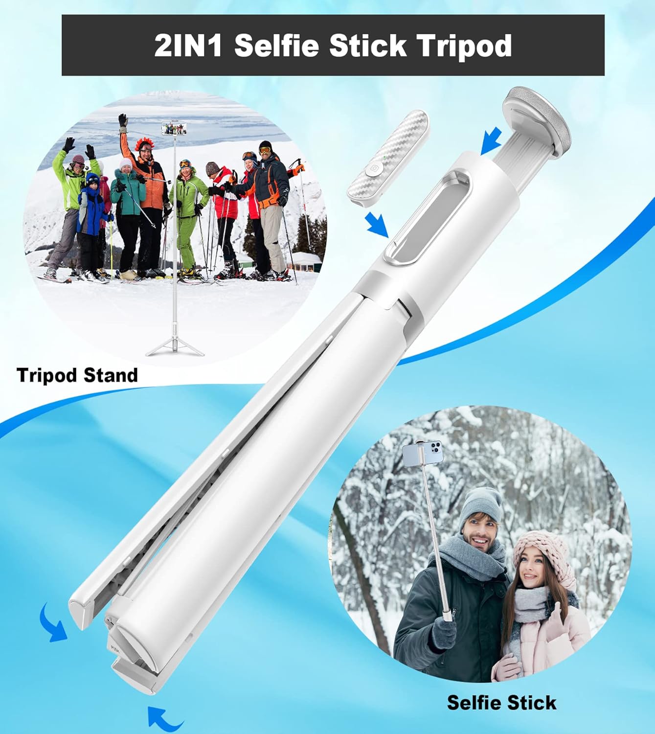 TONEOF 68" Travel Tripod,Selfie Stick,All-in-1 Phone Stand with Integrated Wireless Remote,Lightweight and Portable,Extendable for iPhone and Android(White)