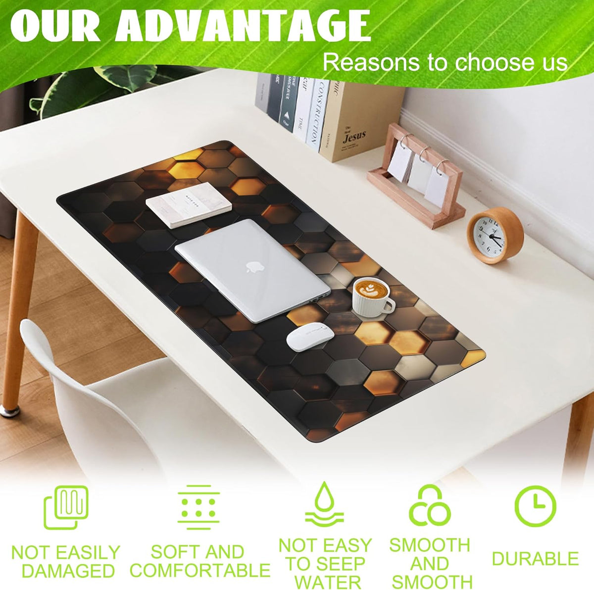 Desk Mat - Golden Honeycomb Technology Large Gaming Mouse Pad With Non-Slip Base and Stitched Edge, Extended Big Computer Keyboard Pad, 35.4"x15.7"