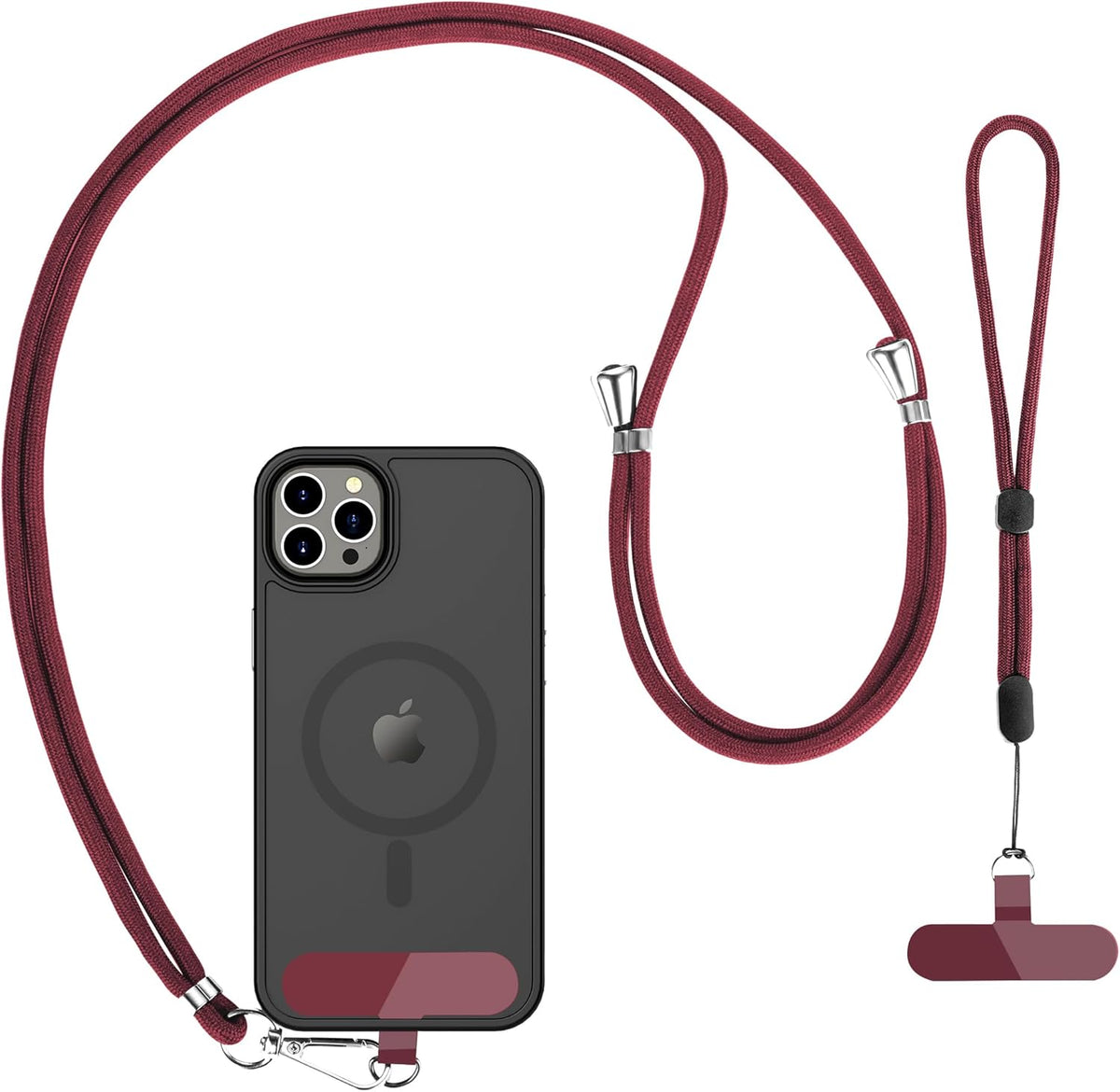 CACOE Phone Lanyard 2 Pcs-1 Pcs Adjustable Neck Strap, 1 Pcs Wrist Strap, 2 Pcs Pads, Universal Crossbody Multifuctional Cell Phone Lanyards Compatible with Most Smartphones(Dark Red)