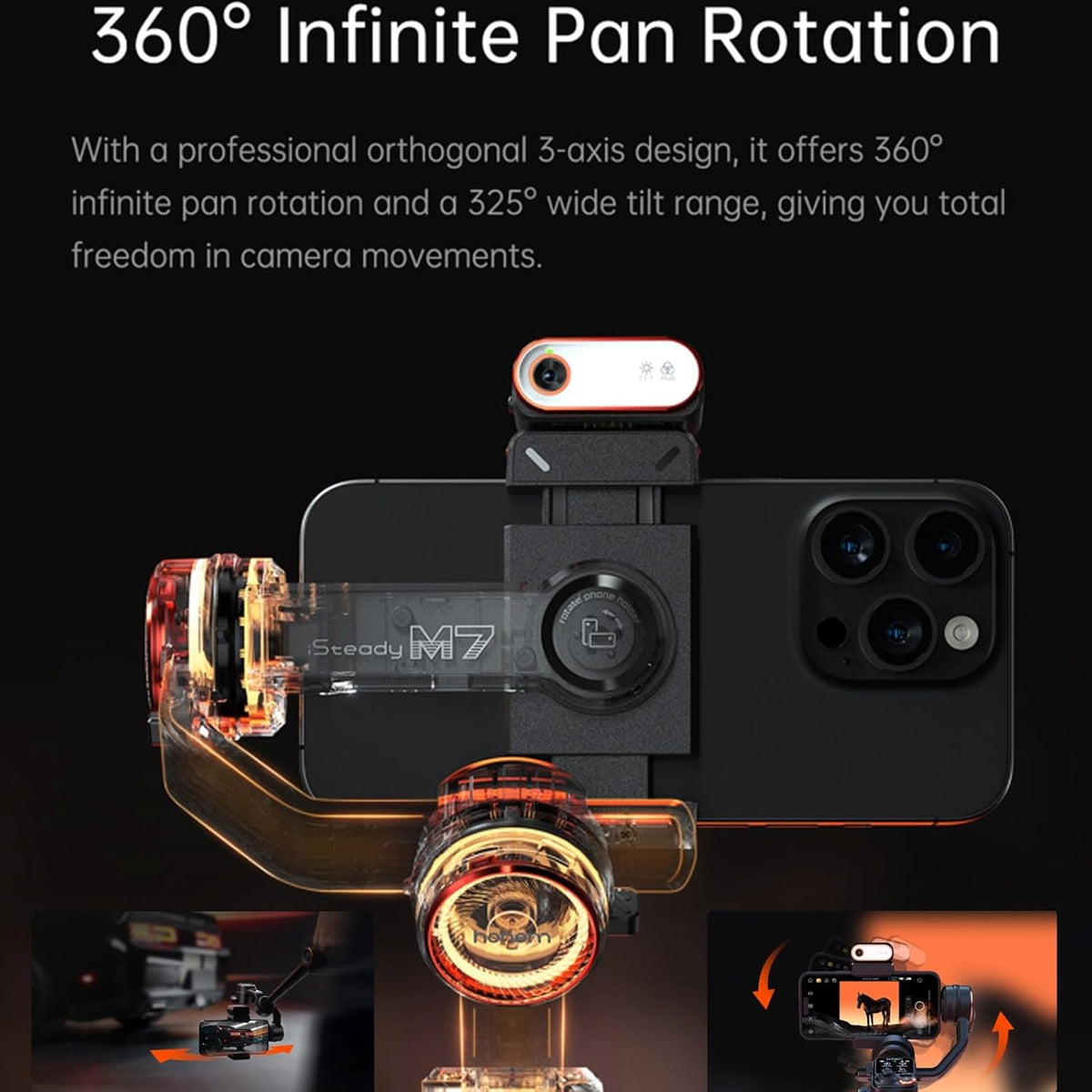Hohem iSteady M7 Gimbal Stabilizer for Smartphone, 3-Axis Phone Gimbal, Gimbal Stabilizer for iPhone & Android, AI Tracking Sensor with Fill Light, 1.4" Detachable Touchscreen Remote Control