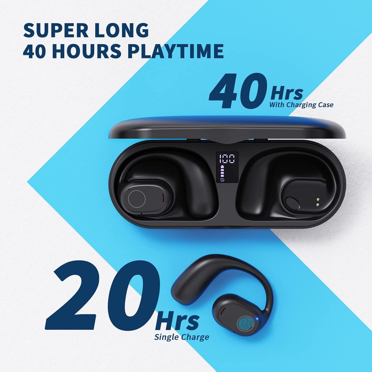Open Ear Headphones, True Wireless Earbuds 40H Playtime Bone Conduction Headphones with Mic, Bluetooth 5.3 Over Ear Earbuds with Hooks & LED Display Charging Case, IPX6 for Sports (Black)