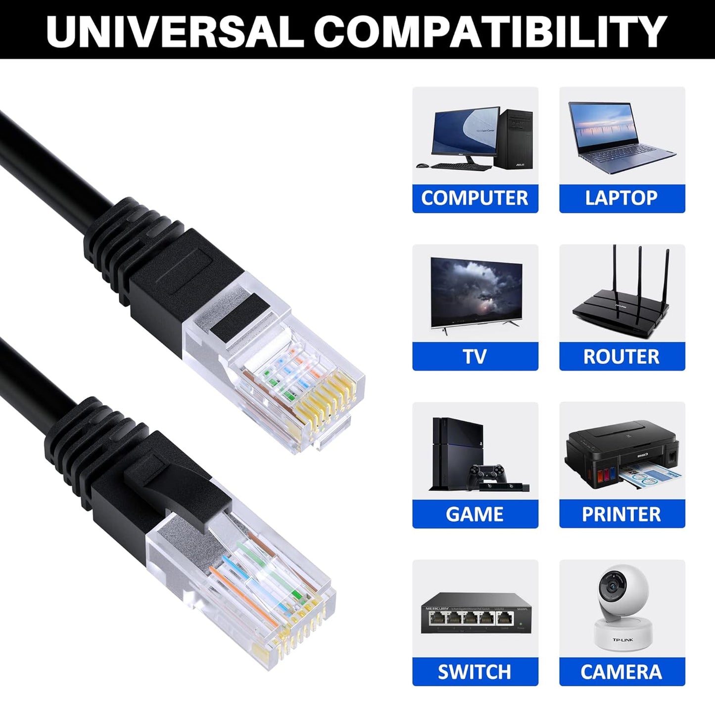 Cat5e Ethernet Cable 150 FT, Long Cat 5e Internet Cable, Black Snagless Patch Cord, Flexible, Network, LAN, PoE, Standard RJ45 Connector for PC, Server, Router, Modem, TV, PS5 - with 15 Cable Ties