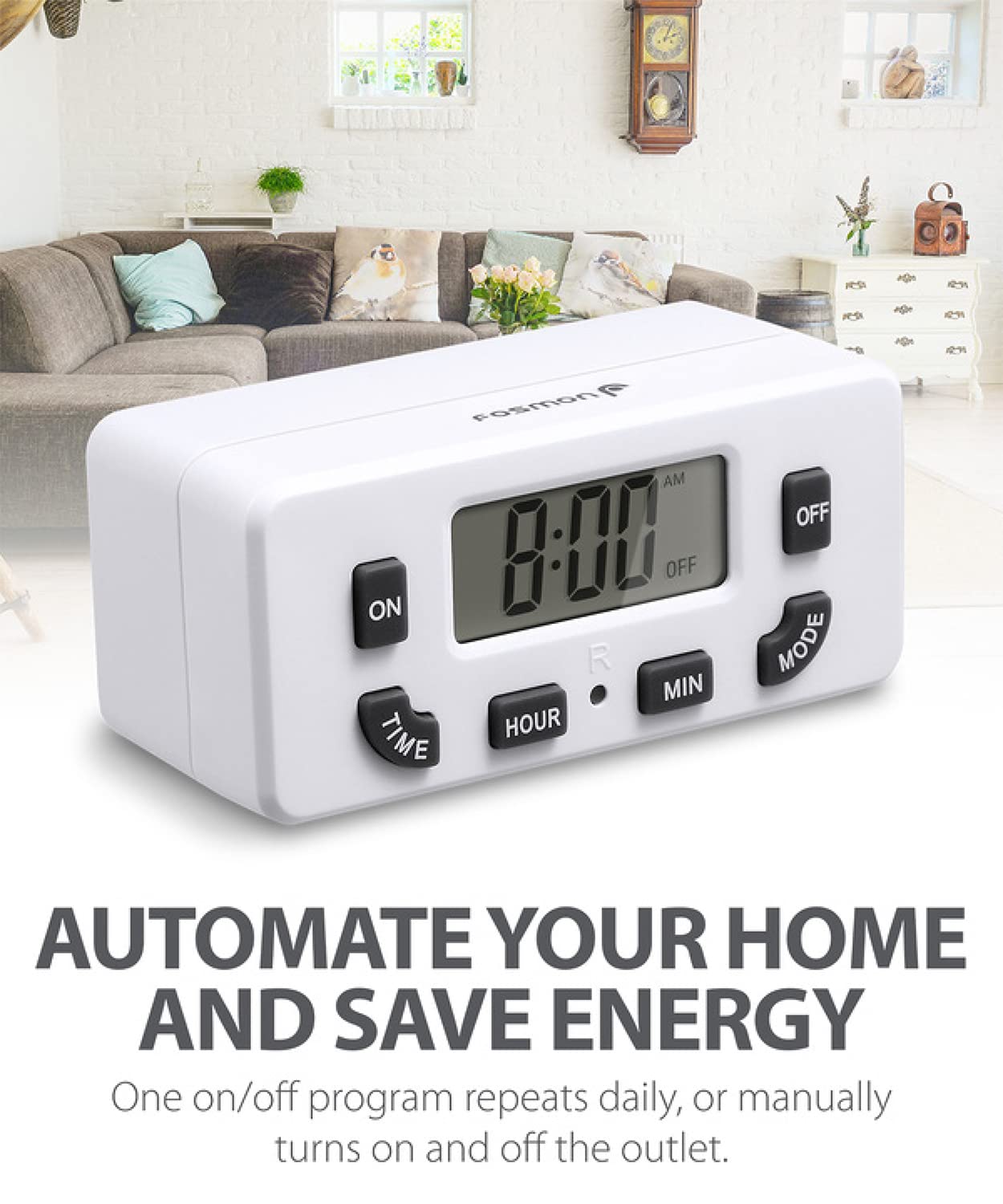 Fosmon Digital Timer for Electrical Outlets, Indoor 24 Hour Light Timer Programmable, Mini Plug in Outlet for Lamps, Fans, Grow Lights, 2 On/Off Programs, 15A/1875W, ETL Listed
