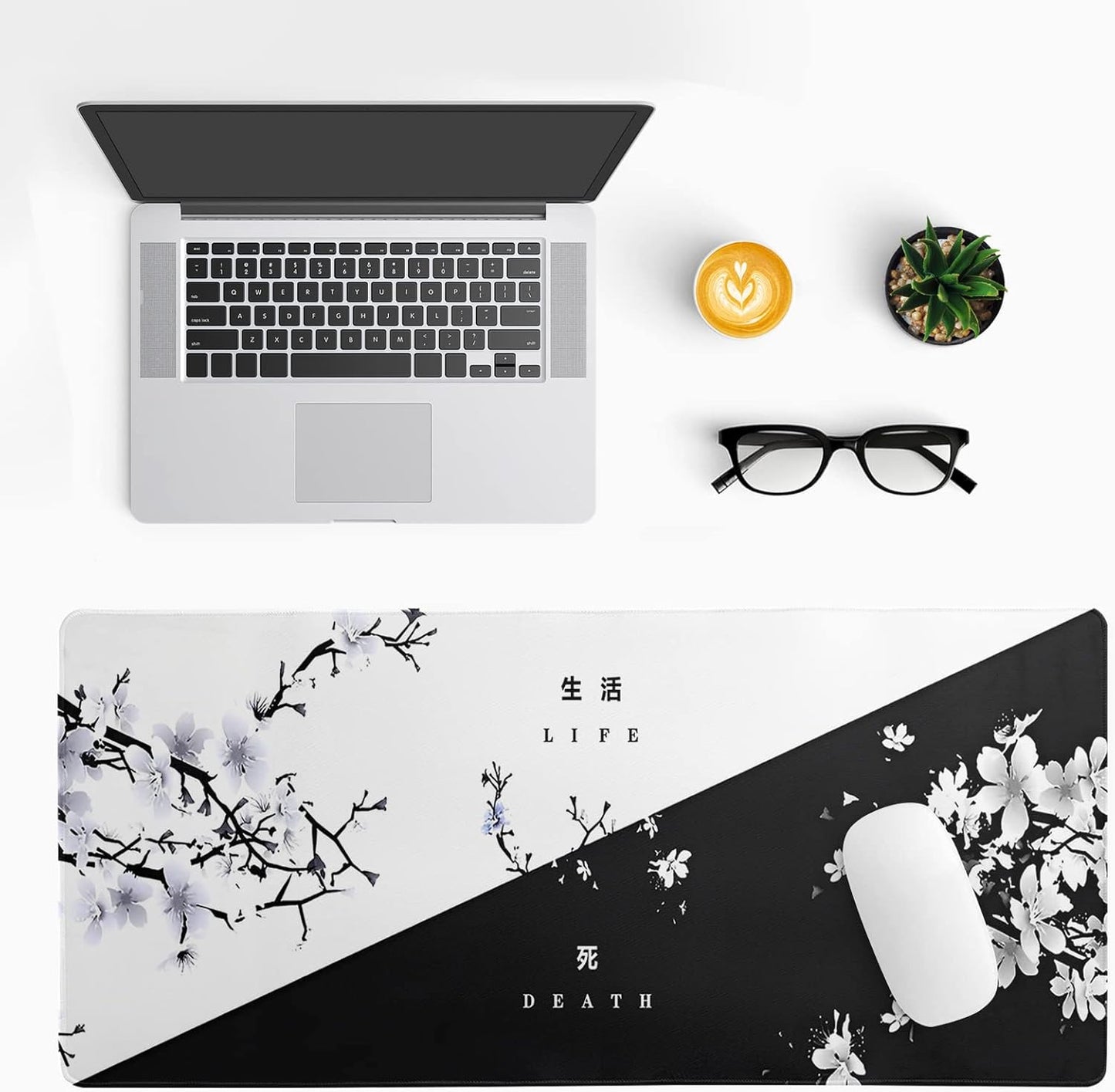 Black and White Japanese Cherry Blossom Gaming Mouse Pad Sakura Death Life Flower Mat 31.5x11.8 Inch Texture Non-Slip Rubber Base Mousepad Stitched Edges Keyboard Desk Pad for Office Home Game
