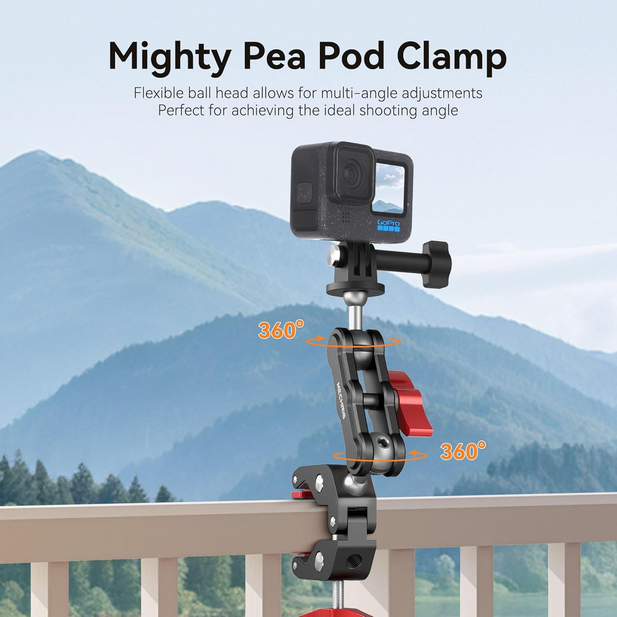 Camera Clamp Mount & 360°Ball Head Magic Arm with Adapter for Go pro, Aluminum Double Ball Head Adapters, Heavy Duty Super Clamp with 1/4"-20 & 3/8"-16 Thread -SJ008