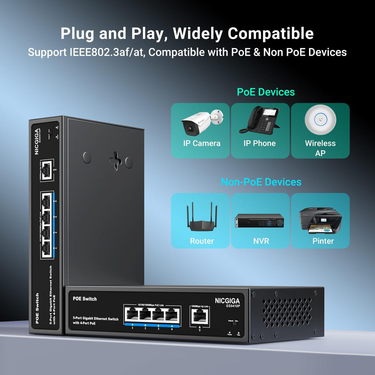 4 Port Gigabit PoE Switch Unmanaged with 4 Port IEEE802.3af/at PoE @78W, 1 x 1000Mbps Uplink, NICGIGA 5 Port Network Power Over Ethernet Switch, VLAN Mode, Desktop/Wall-Mount.