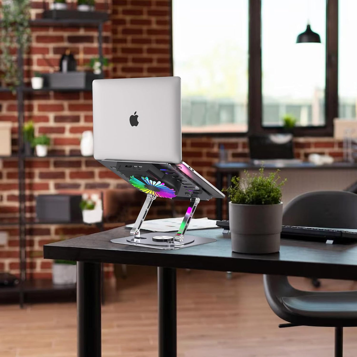 Laptop Stand,with 360°Rotating Base,External Cooling Fan,Adjustable RGB Lighting,Ergonomic Foldable Notebook Computer Holder.Compatible with All 10-17" Laptops Tablets,Silver