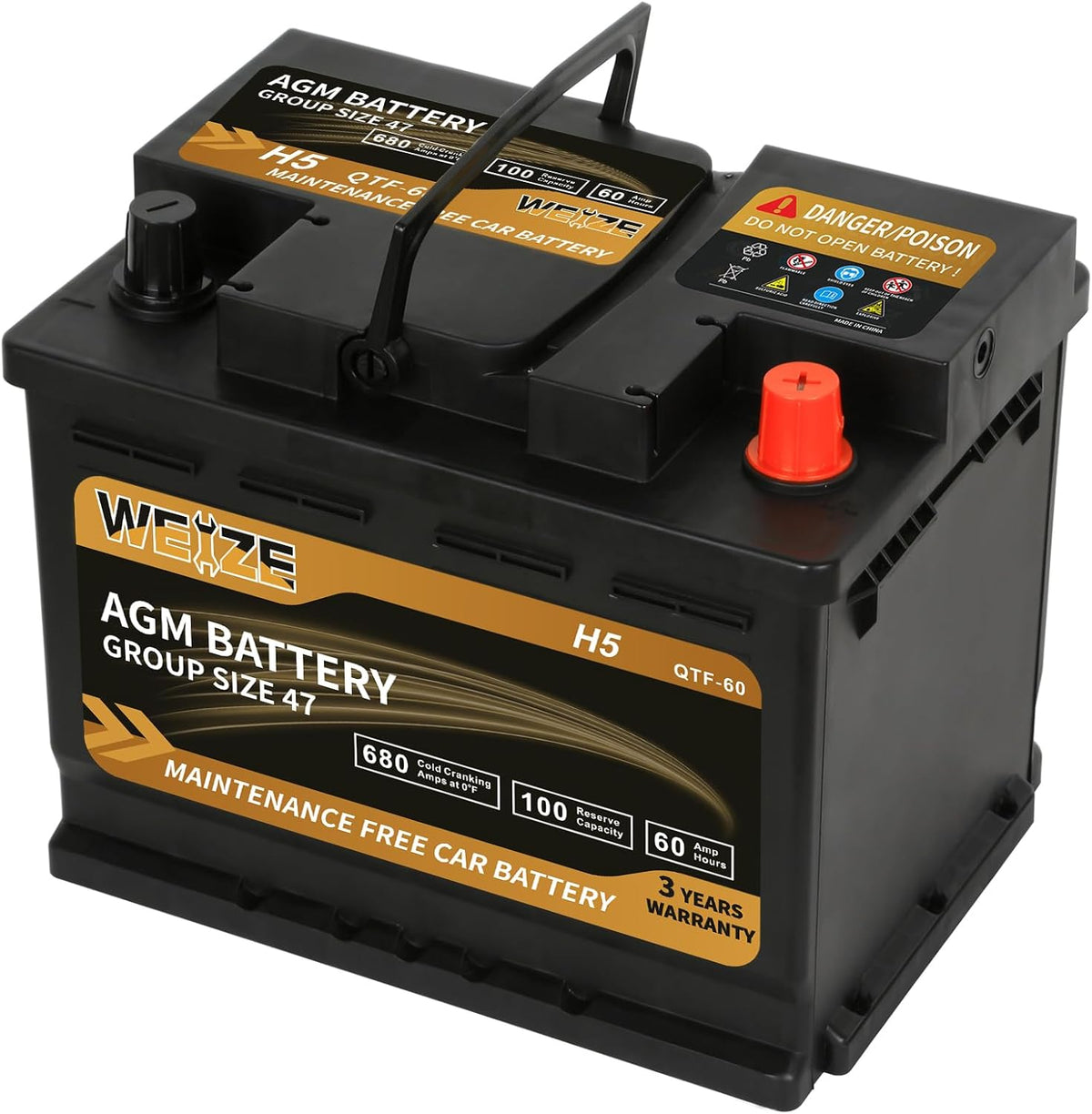 Weize Platinum AGM Battery BCI Group 47-12v 60ah H5 Size 47 Automotive Battery, 100RC, 680CCA, 36 Months Warranty, Dimensions 9.52" L x 6.89" W x 7.48" H