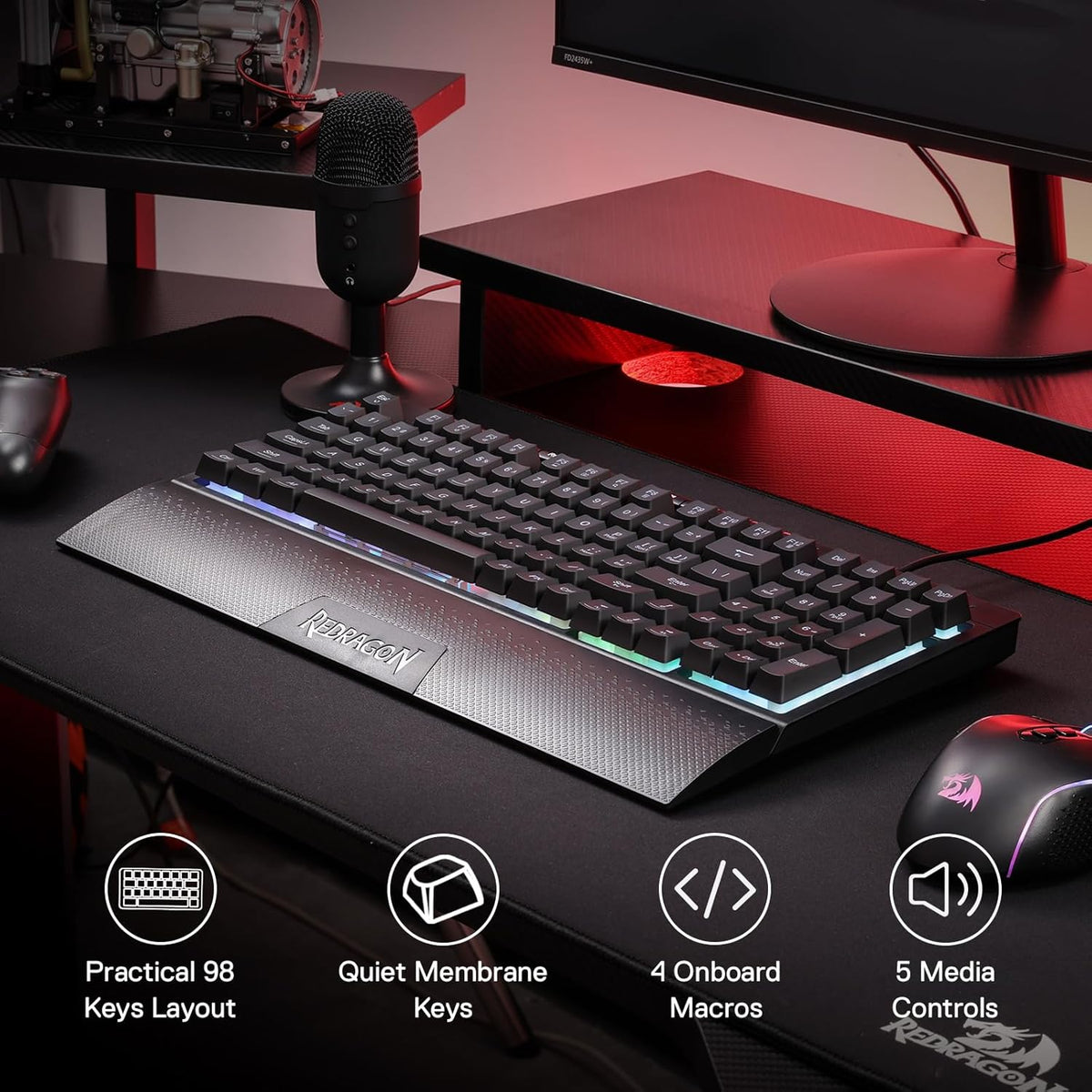 Redragon K515 Shiva Wired RGB Membrane Gaming Keyboard, 98 Keys Mechanical-Feel Keyboard w/Smooth Linear Switch, On-Board Macro & Dedicated Multimedia Keys, Detachable Wrist Rest, Software Supported