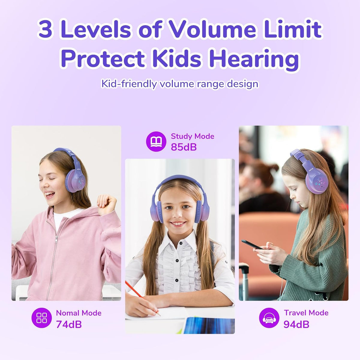 EarFun K4 Kids Bluetooth Headphones, Wireless Headphones with LED Lights, 74/85/94dBA Volume Limited, Built-in Mic, 90H Playtime, Bluetooth 5.4 Over Ear Headphone for iPad/Tablet/School, Violet
