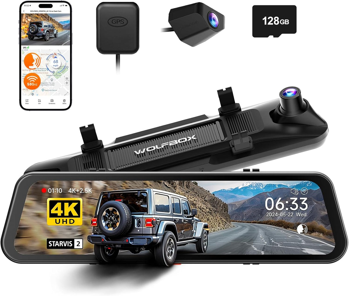WOLFBOX G900 PRO Mirror Dash Cam with STARVIS 2 IMX678, 12 inches Rear View Mirror Camera with Front 4K and Rear 2.5K, Included 128GB Card, Voice Control, 5.8GHz WiFi, Loop Recording, G-Sensor & GPS