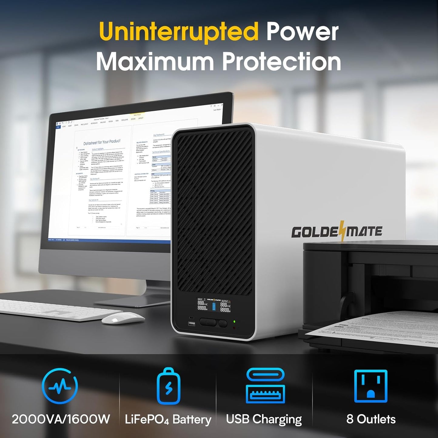 2000VA/1600W Pro Lithium UPS Battery Backup and Surge Protector, Backup Battery Power Supply with LiFePO4 Batteries(460Wh), AVR, Line Interactive Sinewave UPS System, 8 Outlets, LCD Display