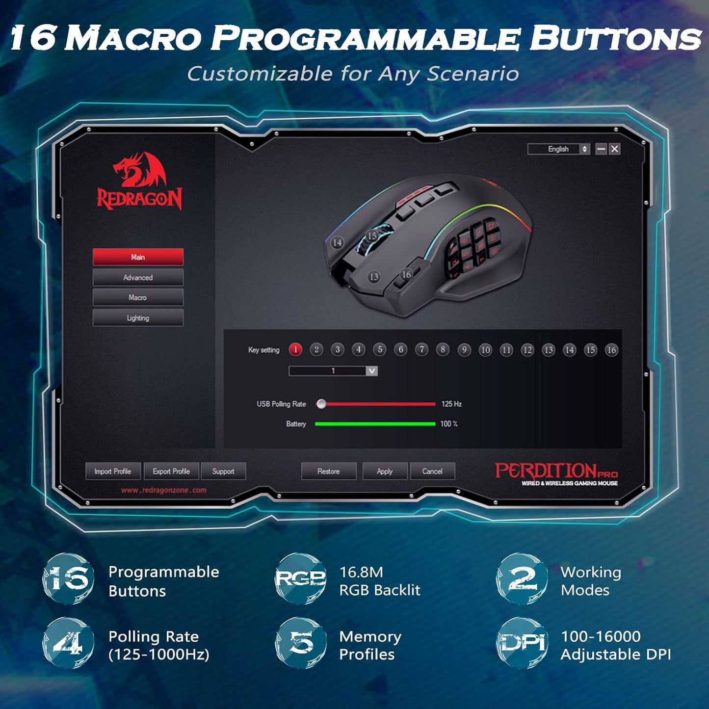 Redragon Wireless Gaming Mouse, MMO Gaming Mouse UP 16,000 DPI, 16 Macro Programmable Buttons, RGB Rechargeable Mouse with 12 Side Buttons, 70Hrs for PC Laptop MOBA FPS, White,M901P-WS