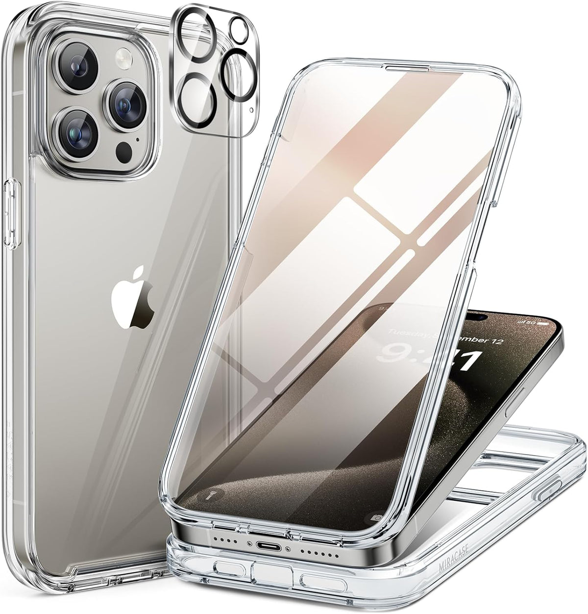 Miracase for iPhone 15 Pro Case, Full-Body Clear Bumper Phone case with Built-in Glass Screen Protector& Camera Protector, Military Drop Proof 15 Pro Case Cover 6.1 inch,Clear