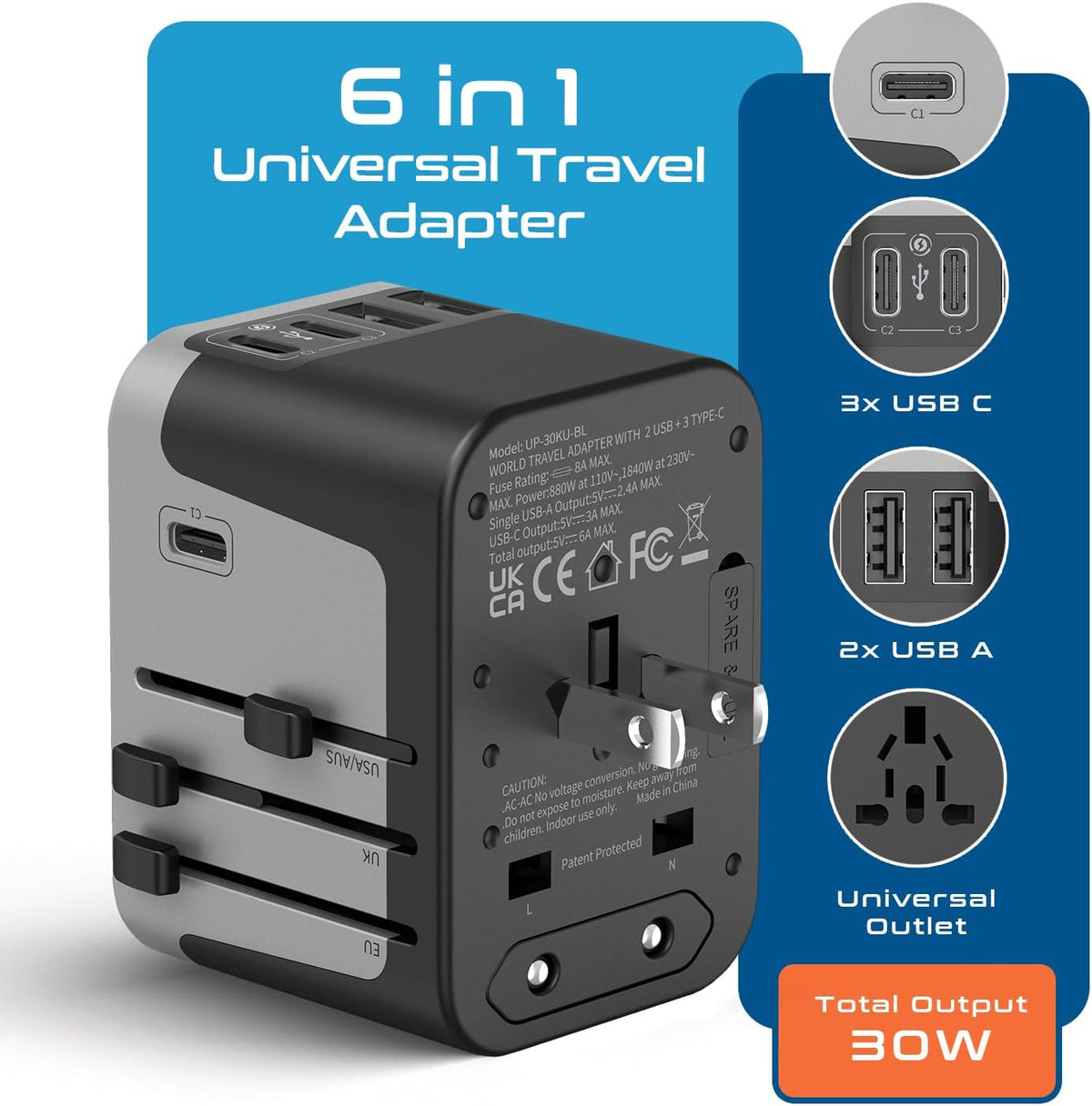 Universal Travel Power Adapter, Ceptics 6 in 1 Worldwide International Wall Charger with 2X USB-A - 3X USB-C 6A, Travel Power Adapter for for USA EU UK AUS Mobiles Laptops Cameras, UP-30KU-BL