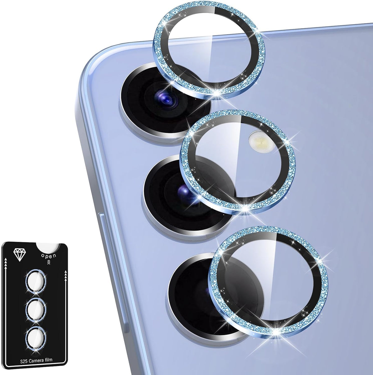 for Samsung Galaxy S25 Plus Camera Lens Protector, Individual Metal Ring Tempered Glass Lens Cover, [Strong Adsorption] Scratch Resistant Ultra-Thin HD Clear Lens Cover, 1 Set-Blue Sparkly