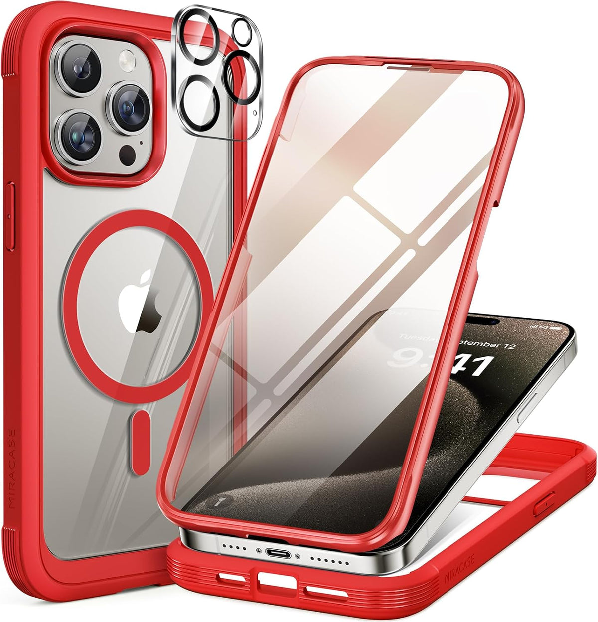Miracase Magnetic for iPhone 15 Pro Case Full-Body Bumper Phone case with Built-in Glass Screen Protector& Camera Protector, Military Drop Proof 15 Pro Cover, Magnetic Red