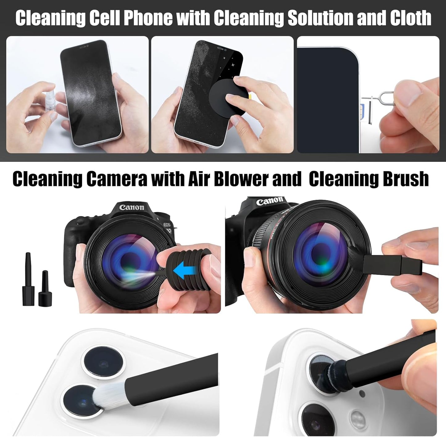 walrfid 2pcs Computer Keyboard Cleaner Kit, Laptop Screen Cleaning Spray for iPhone AirPod Phone MacBook iPad, 20-in-1 Electronic Clean Brush Tool for Earbud iPod Monitor TV Earphone Camera, Black