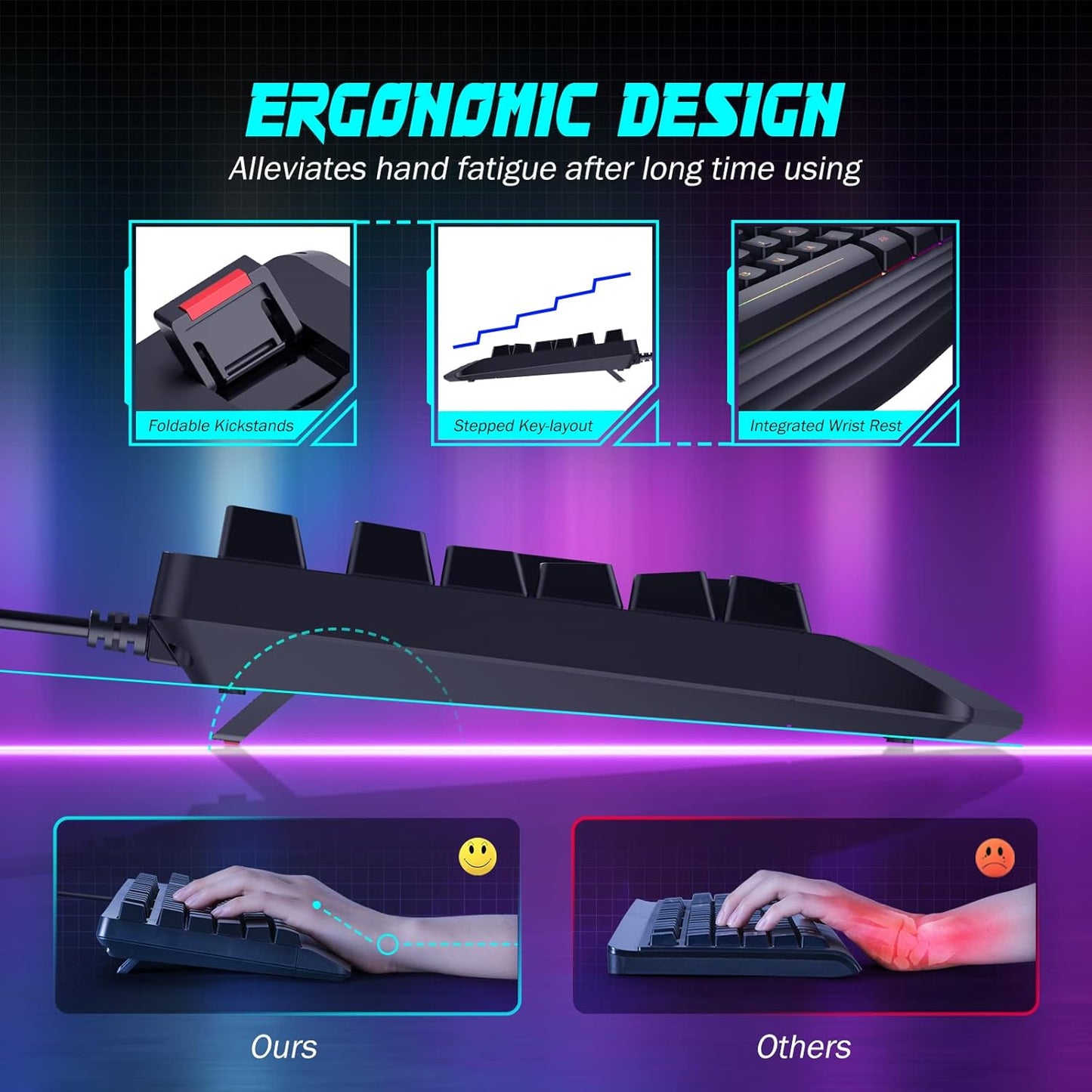 Gaming Keyboard, 7-Color Rainbow LED Backlit, 104 Keys Quiet Light Up Keyboard, Wrist Rest, Whisper Silent, Anti-ghosting Multimedia Keys, Waterproof USB Wired Keyboard for PC Mac Xbox