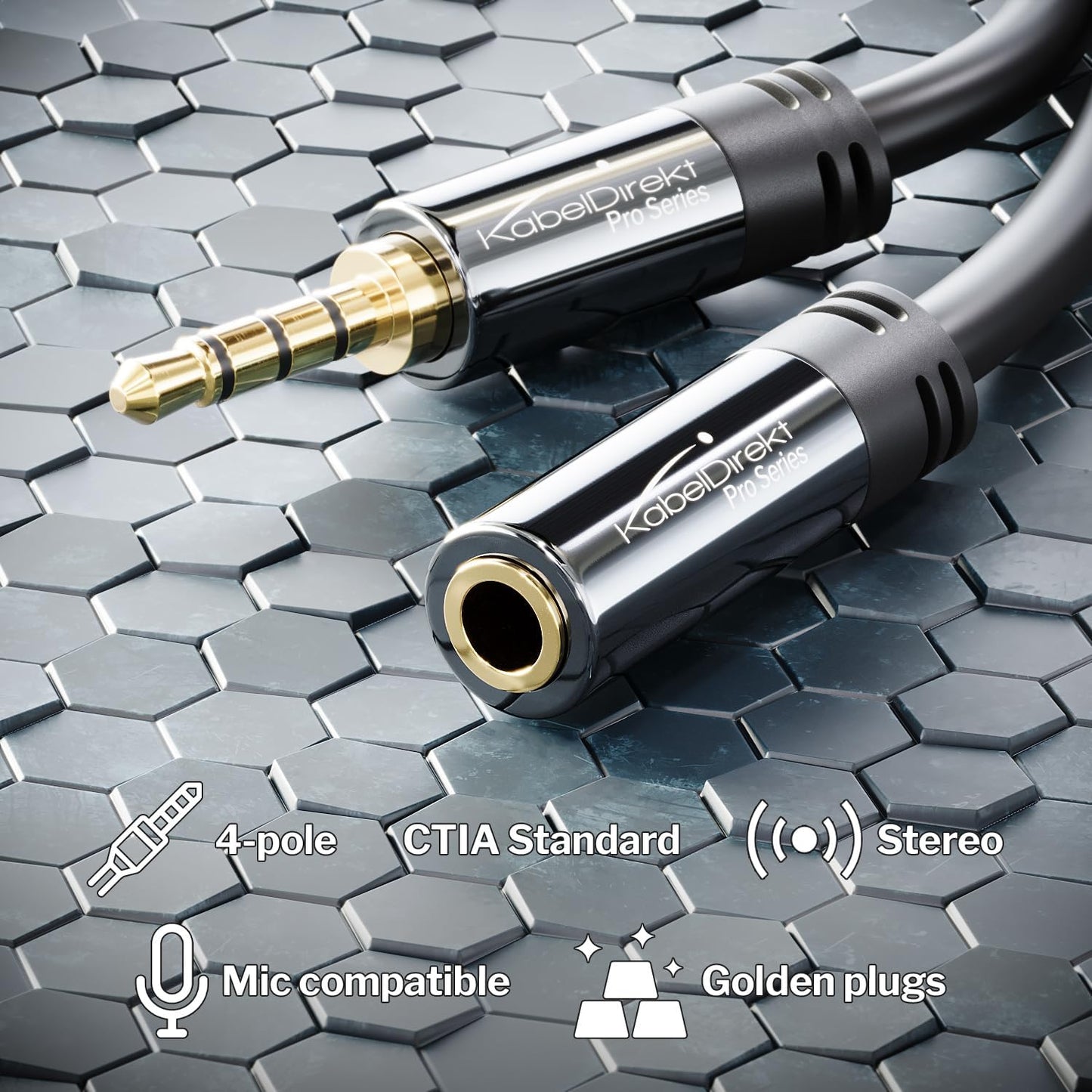 KabelDirekt – Headset Extension Cable – 1ft – Headphone Extension Cord with Break-Proof Metal Plug for Gaming Headsets & Headphones with Microphone, TRRS, 4-Pole, 3.5mm Male to Female