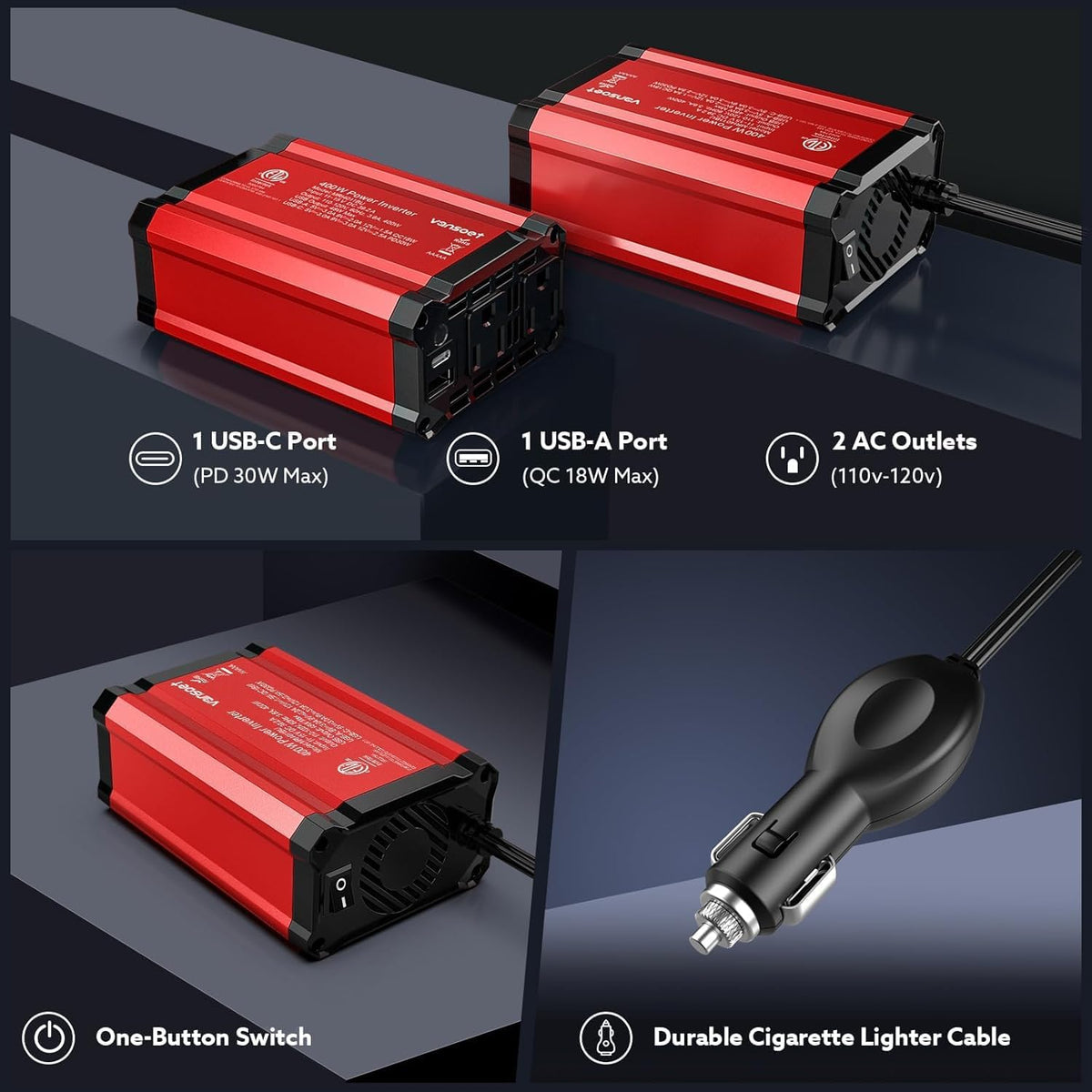 400W Car Power Inverter: vansoet DC 12V to AC 110V Inverter Converter, USB C PD 30W and USB-A QC 18W Port - Dual AC Plug Adapter Outlet Inverter for Vehicles, Laptop, Phones, Camera