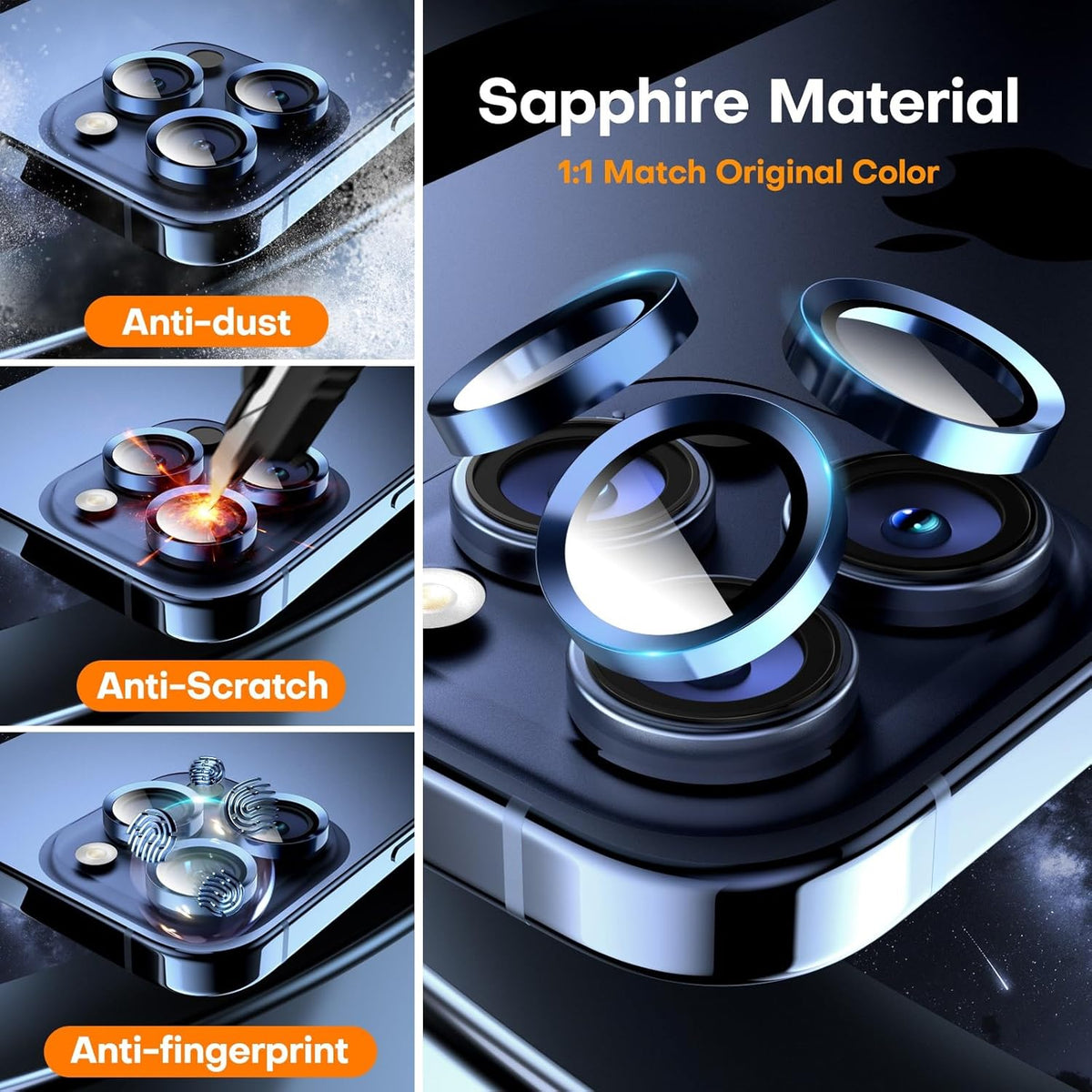 Camera Lens Protector for iPhone 16 Pro Max/16 Pro/15 Pro Max/15 Pro/14 Pro Max/14 Pro, Sapphire Glass Metal Individual Camera Cover Screen, Anti-drop, Case Friendly- Blue Titanium