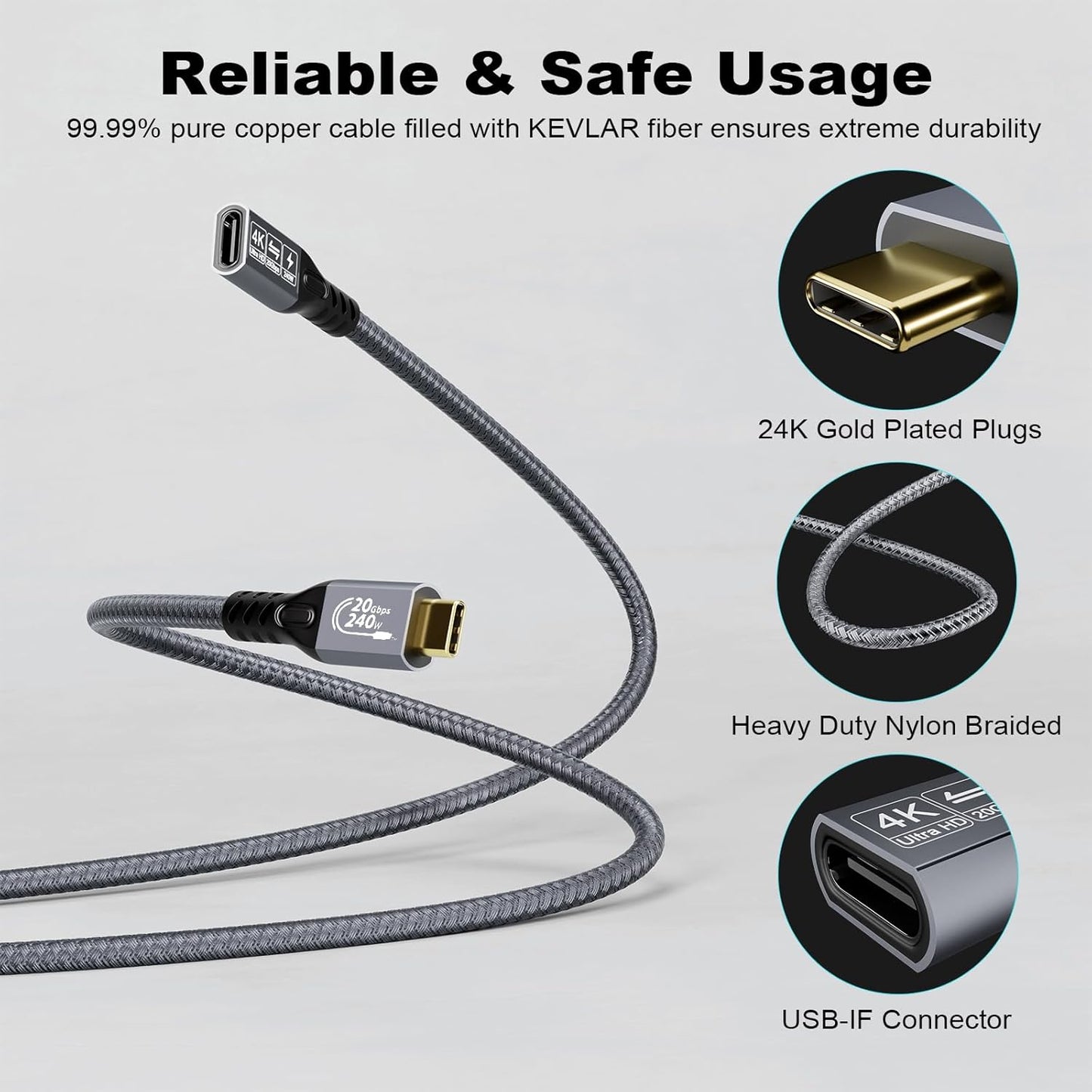 CABLEDECONN USB C 3.2 Gen-2 Extension Cable 0.5M 1.6FT Thunderbolt 3 240W Fast Charging Cable Male to Female Data Transfer 20Gbps 48V/5A Type-C Cable 4K Video Output Compatible with MacBook