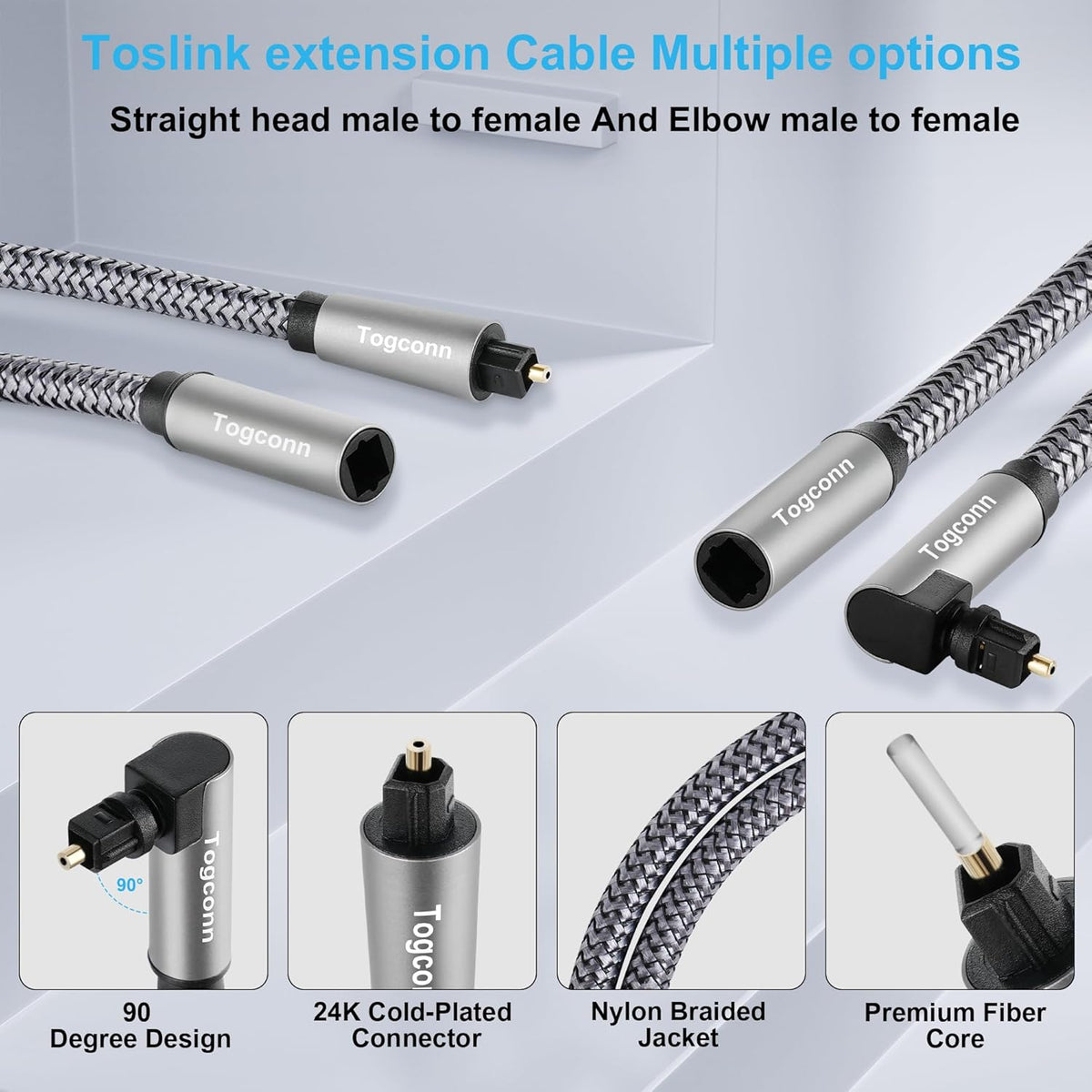 Optical Extension Fiber Digital Cable Adapter 0.6 Feet（2 Pack）, 90 Degree Right Angle & Straight Male to Female Coupler, Toslink Audio Cable, Nylon Braided for Home Theater, Soundbar, TV and More