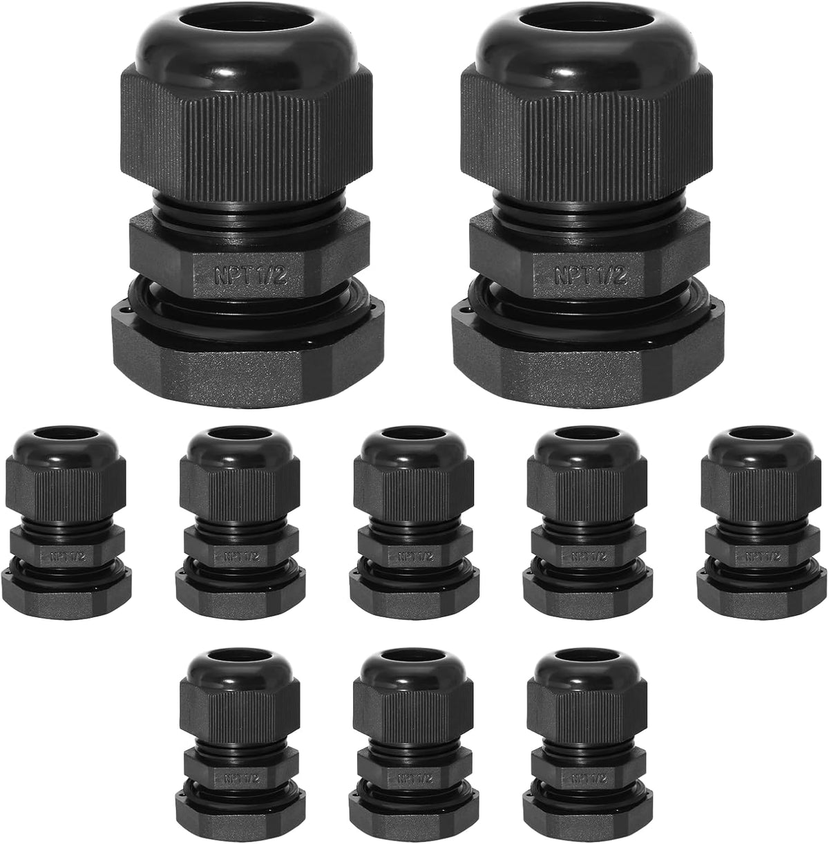 10 Pcs 1/2" NPT Nylon Cable Glands, IP68 Waterproof Adjustable Cord Grip Cable Connector Strain Relief Wire Protectors for 6-12mm Cable Diameter, Black