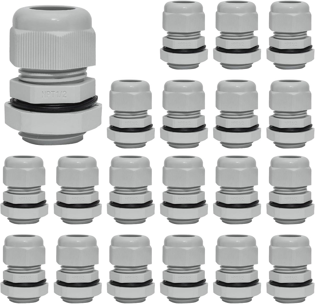 20 Pcs 1/2" NPT Nylon Cable Glands, IP68 Waterproof Adjustable Cord Grip Cable Connector Strain Relief Wire Protectors for 6-12mm Cable Diameter, Grey