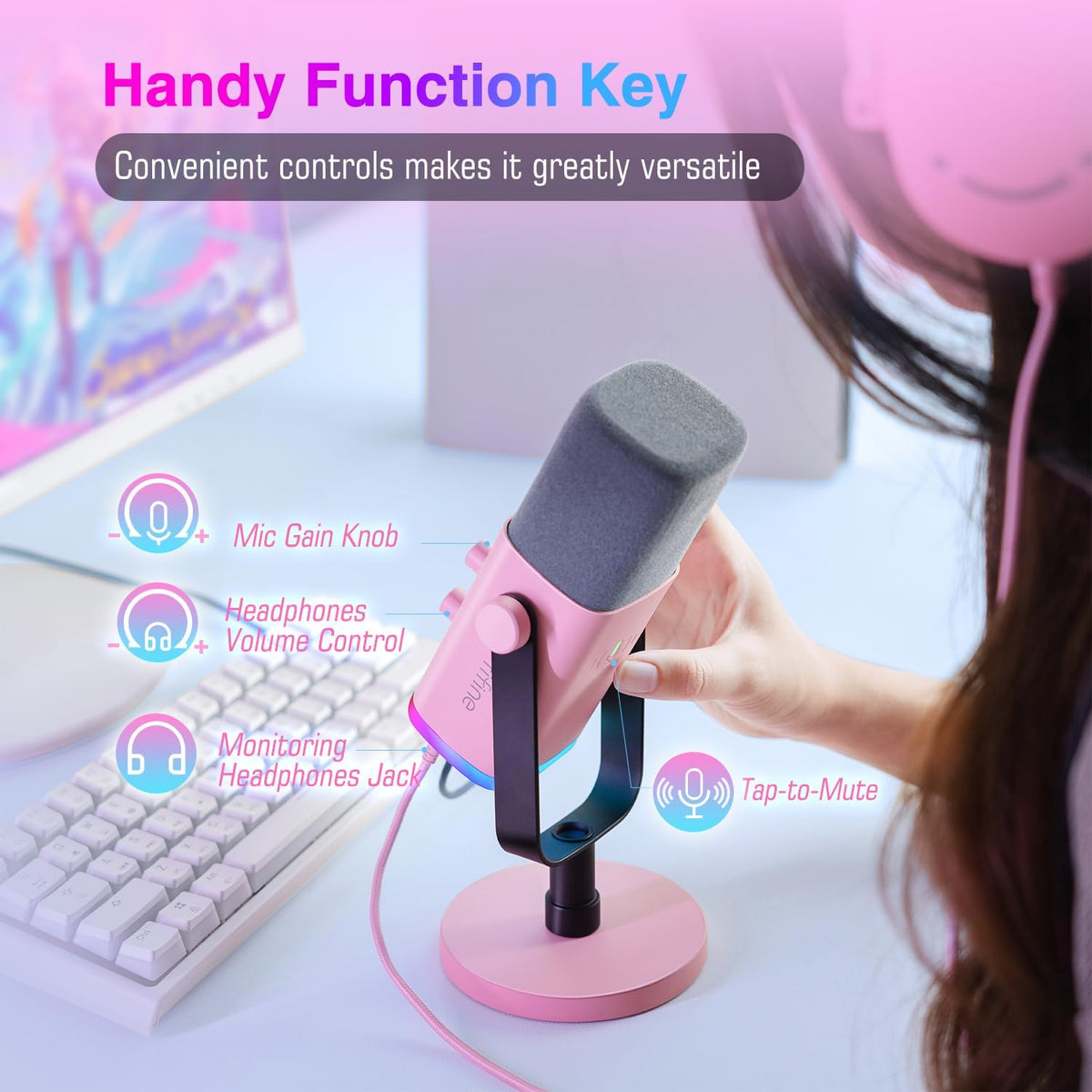 FIFINE XLR/USB Microphone, Gaming Recording PC Microphone with Headphones Jack, Mute Button, Dynamic RGB Mic for Computer, Streaming Mic for Podcasting Voice-Over YouTube Video-AmpliGame AM8 Pink