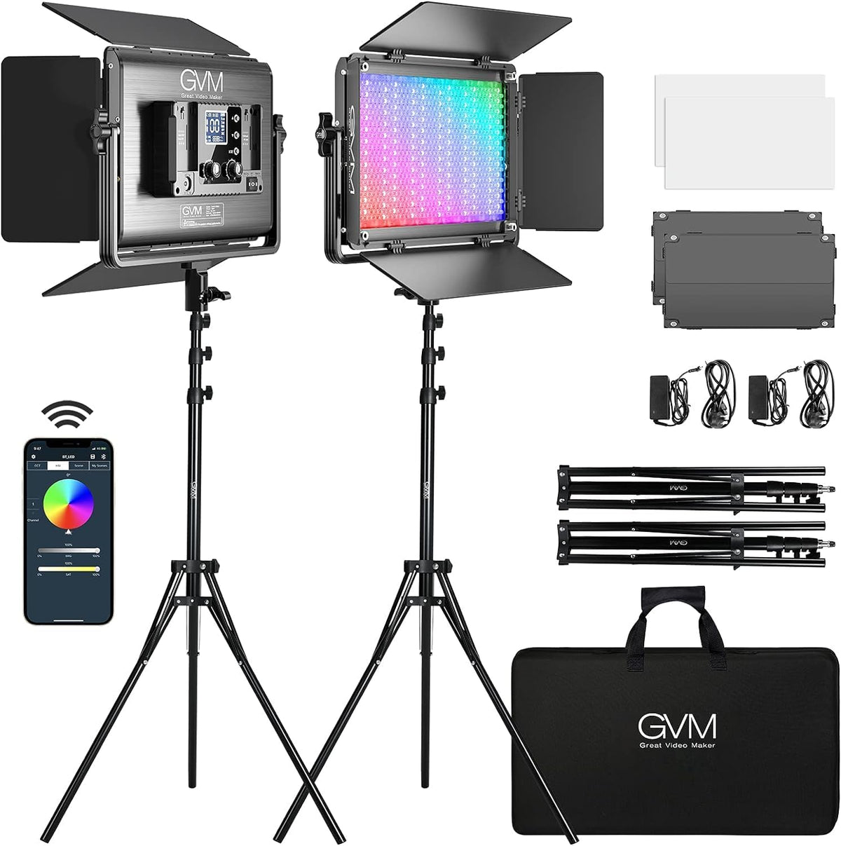GVM 1300D RGB LED Video Light, 65W Video Lighting Kit with Bluetooth Control, 25000lux/0.5m, 2 Packs Led Panel Light for YouTube Studio, Video Shooting, Broadcasting, Conference, 18 Kinds Scene Modes