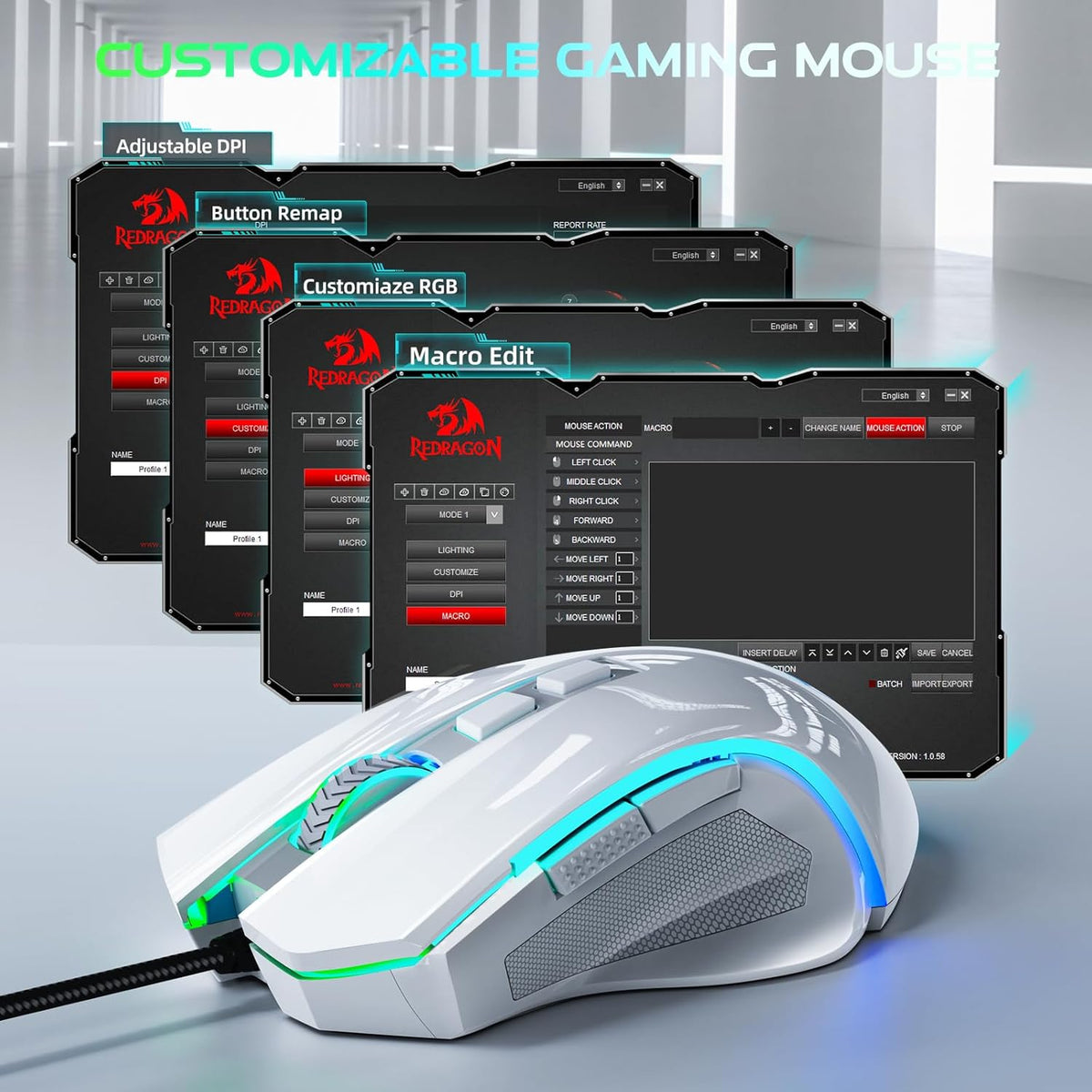 Redragon M602 Gaming Mouse, Ergonomic RGB Gaming Mouse Wired with 7200 Adjustable DPI, 9 Programmable Buttons, Professional Software for Gamer Office [White]