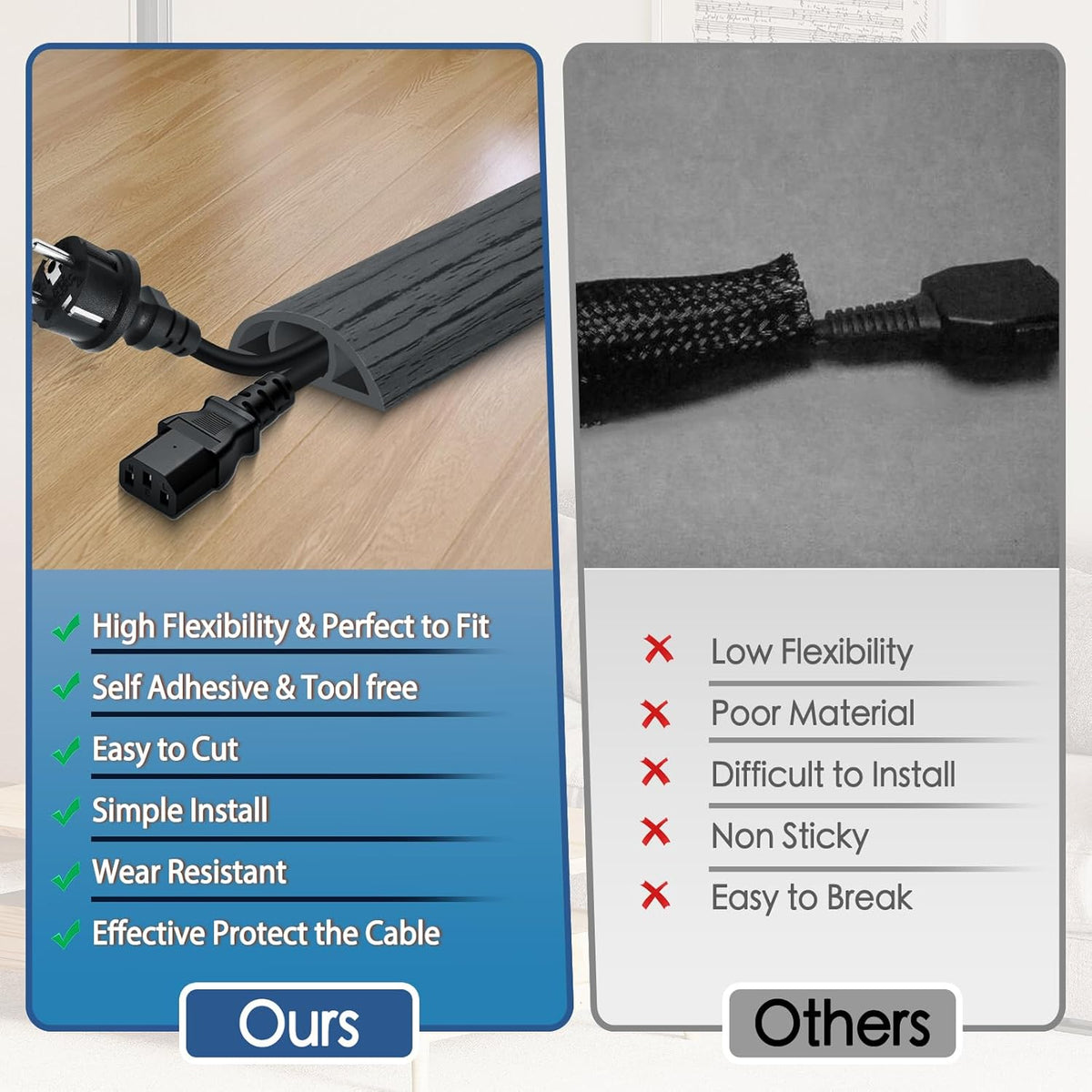 Floor Cord Cover for Wires on Floor Self Adhesive Cord Hider Floor Cable Management Wire Covers for Cords Protector Prevent Cable Trips Cord Cavity W 0.51" x H 0.31", Deep Gray Wood, 20Ft