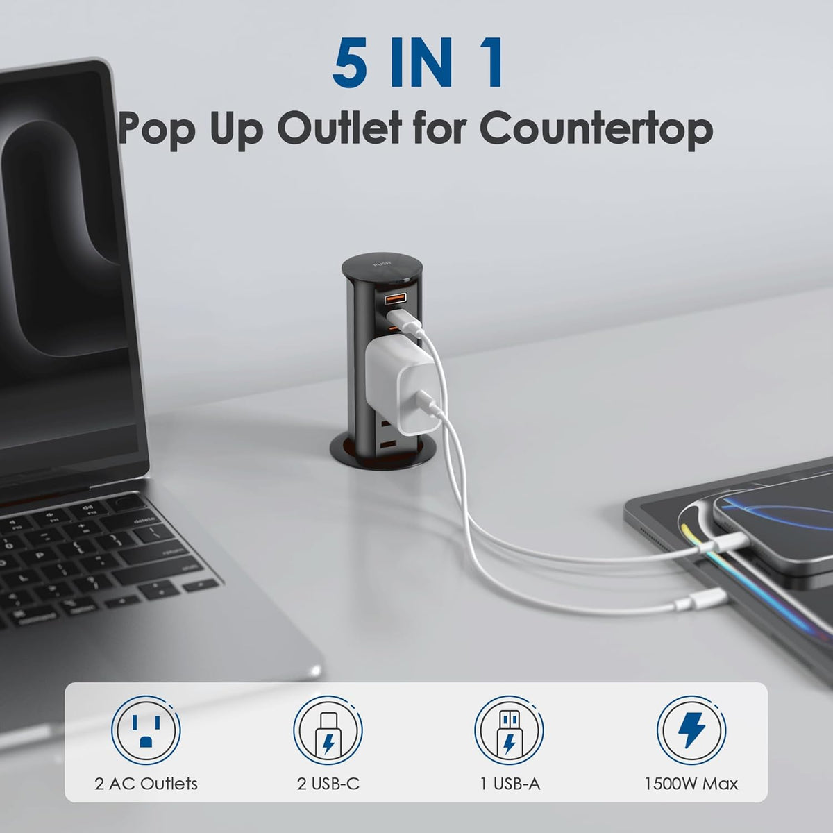 2 Inch Pop Up Outlet for Countertop,Power Grommet 2-inch Desk Wire Hole Insert,20W USB C,2 Outlets,2 USB C/1 USB A,Recessed Outlet,Desk Charging Station (Black, 6 FT Cable)