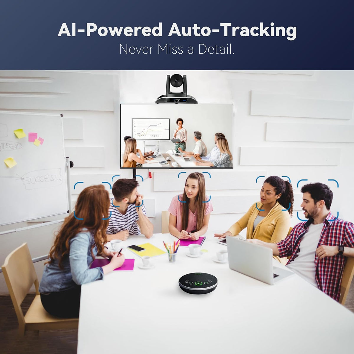 TONGVEO 4K Conference Room Camera System, AI Auto-Tracking PTZ Camera 5X Digital Zoom with Speakerphone Set 120° Wide-Angle USB3.0 for Zoom YouTube Teams OBS and More