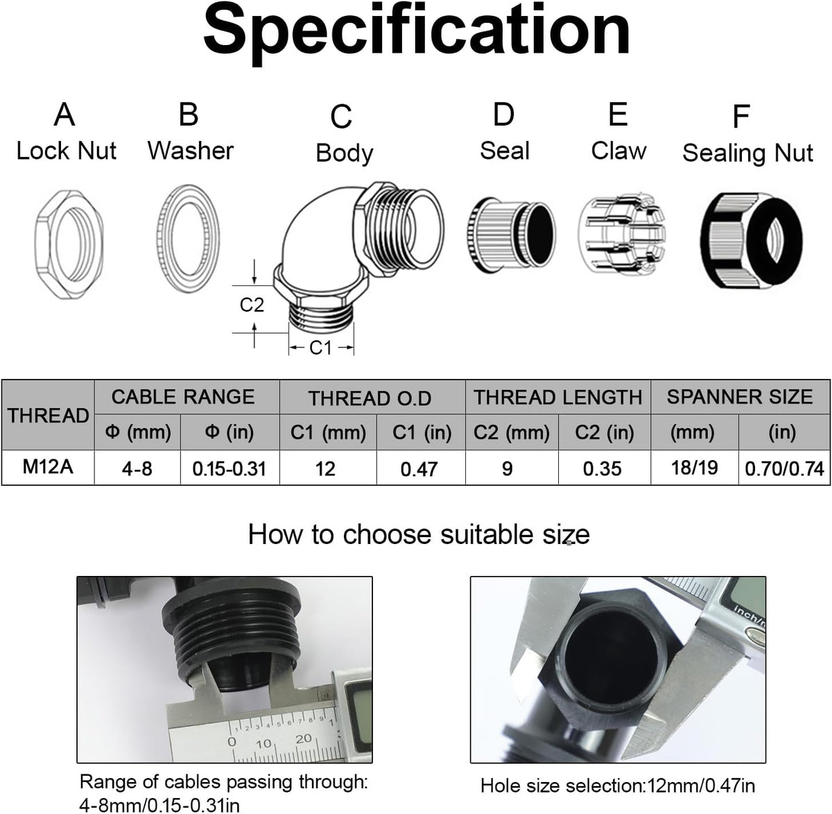 LeMotech M12 Cable Gland, 90 Degree Adjustable 4-8mm Strain Relief, Cord Connectors Nylon Joints with Gaskets, 6 Pcs, Black