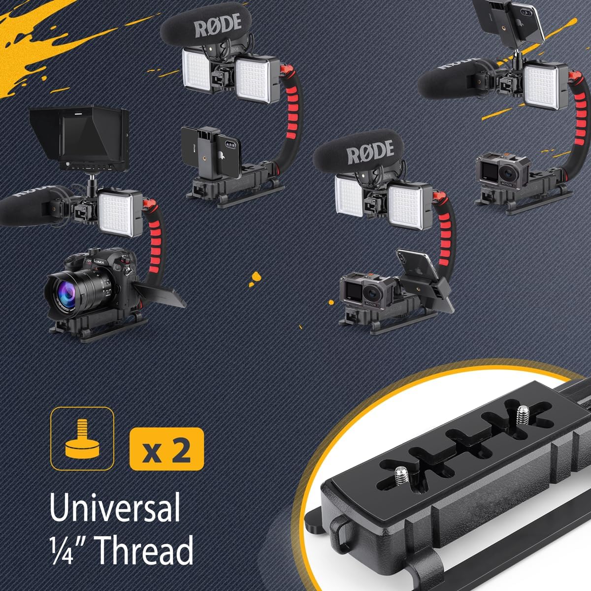 Zeadio Camera Handheld Stabilizer with Smartphone Video Cage Rig, Triple Cold-Shoe Handle Grip Compatible with All Camera Action Camera DSLR Smartphone