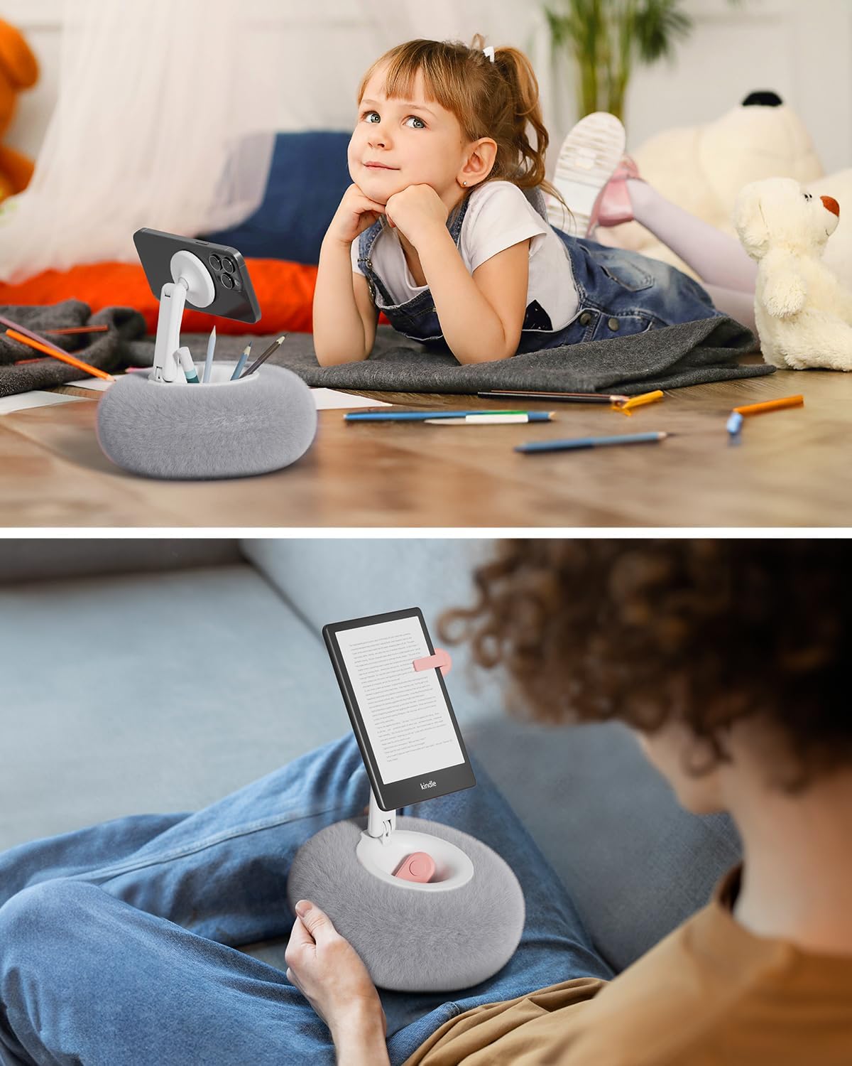 Viozon Phone Holder for Bed, Magnetic Pillow Stand, Compatible with 4-7" Phone/Kindle with Small Storage, Removable Suction Base for Stability, Idea for Kindle Reading and Video Watching On Bed,Grey