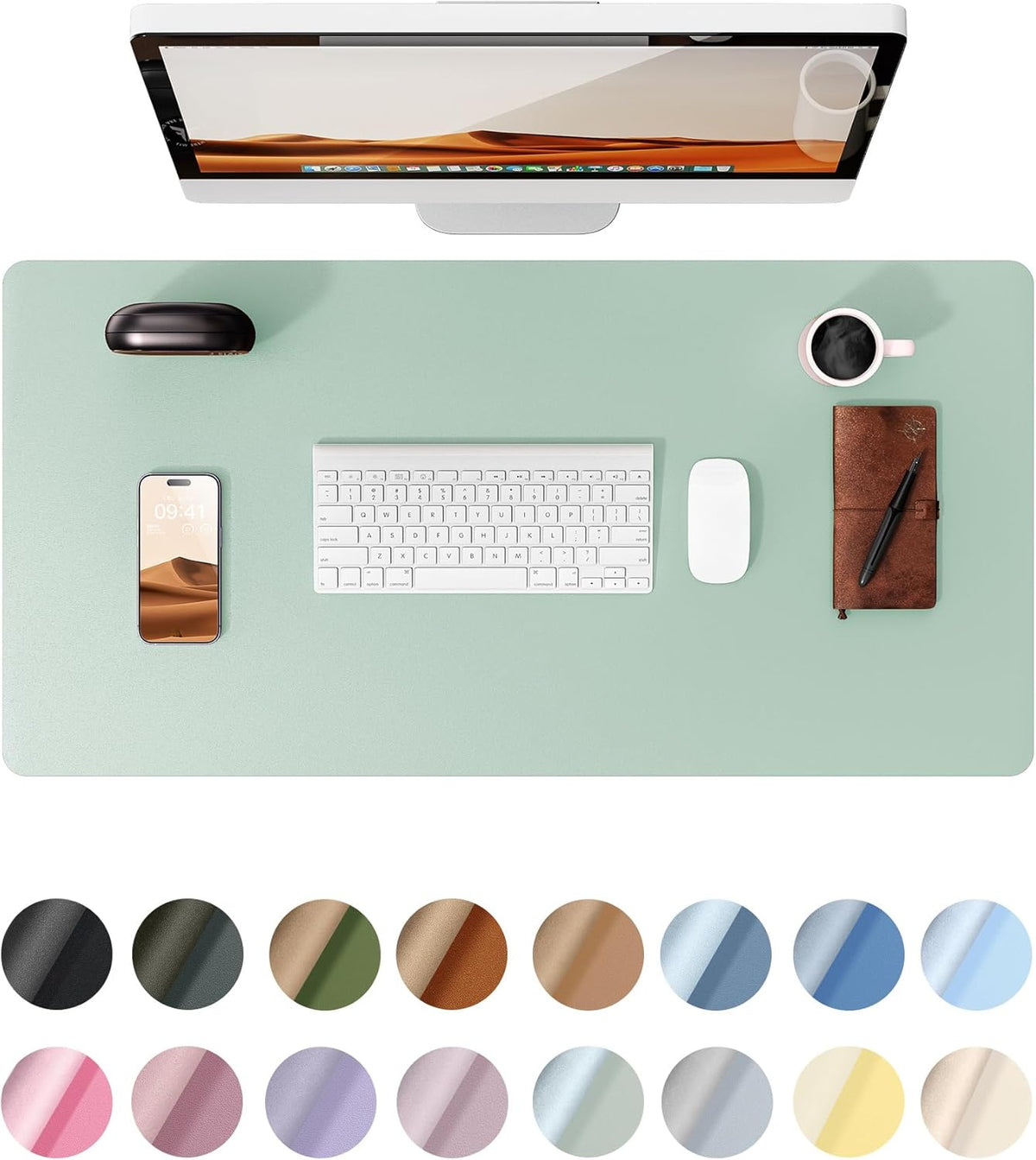 YSAGi Leather Desk Protector, Office Mat, Large Mouse Mat, Non-Slip PU Leather Blotter, Laptop Pad, Waterproof Writing Pad for Office and Home (Pale Green, 31.5" x 15.8")