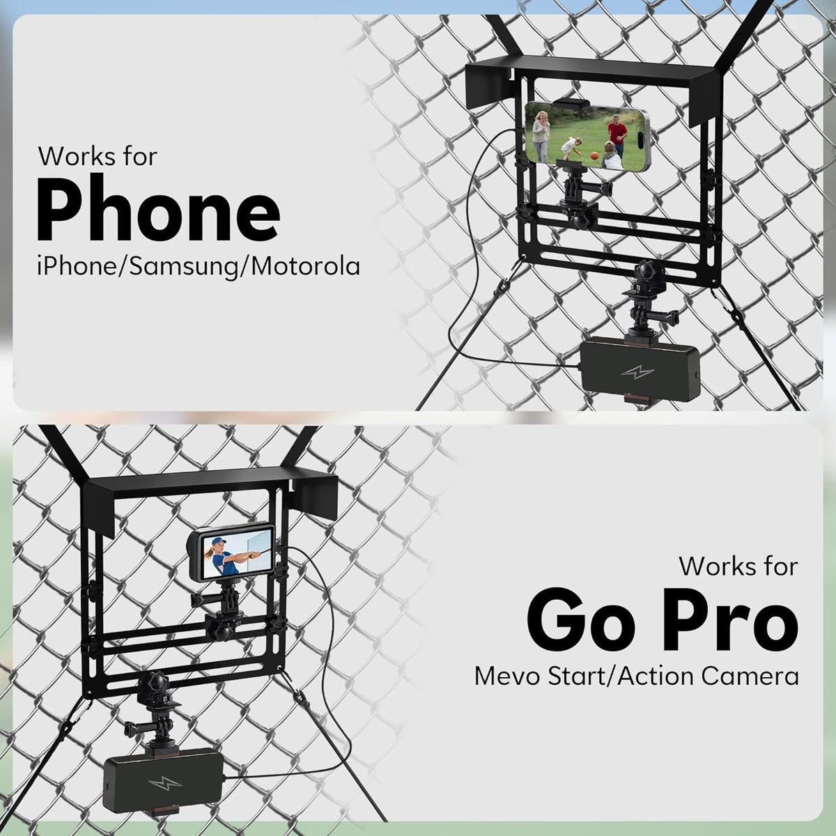 Cell Phone Fence Mount with Shade, Fence Phone Holder Mounting Kit for iPhone, GoPro, Mevo Start, Insta360 and Other Action Cameras, Streaming Kit for Recording Baseball, Softball and Tennis