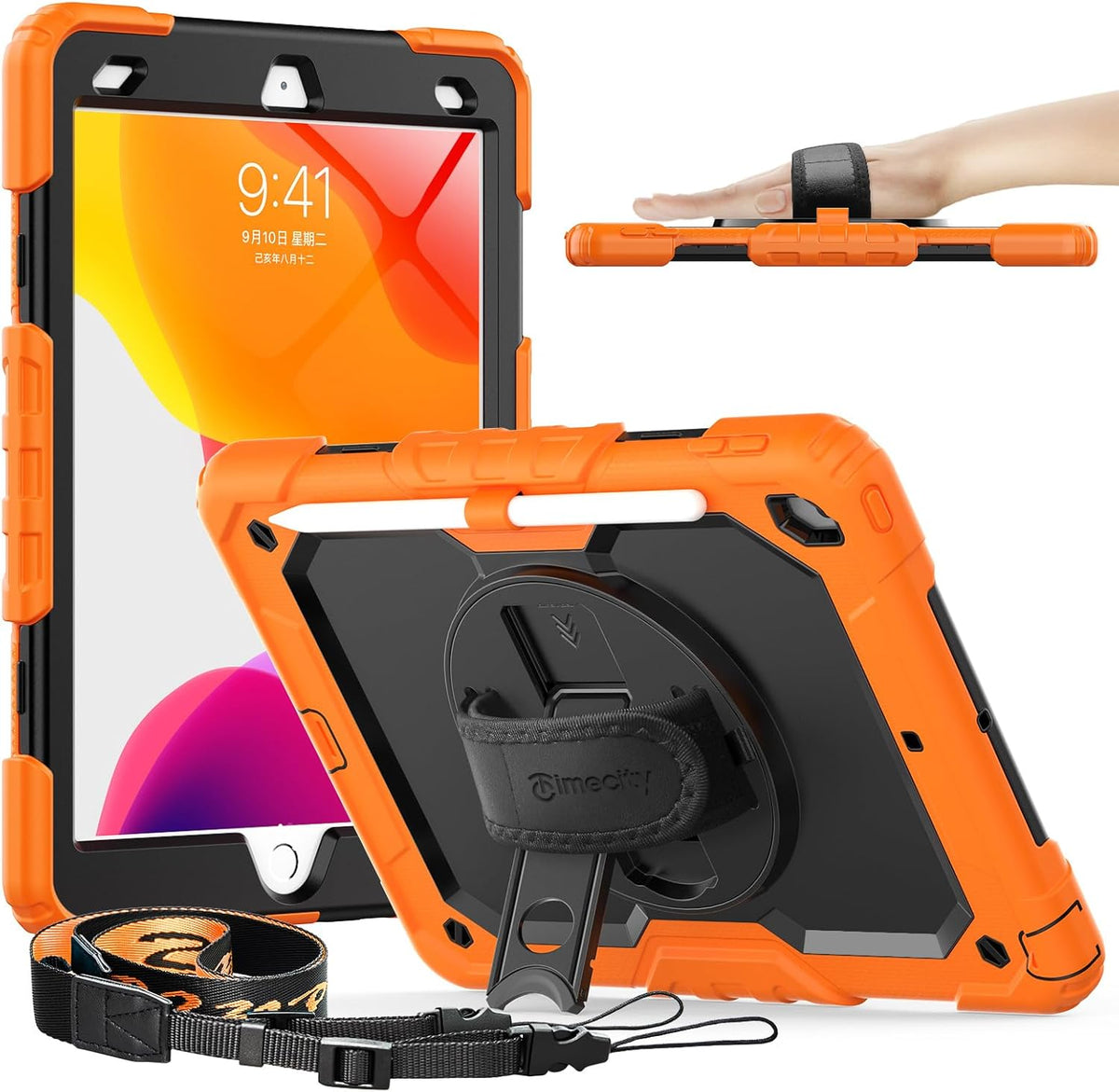 Timecity Case for iPad 9th/ 8th/ 7th Generation 10.2 inch - Heavy Duty Protective Cover with Screen Protector, Rotating Stand, Shoulder Strap & Pencil Holder | Kids-Friendly (Orange)