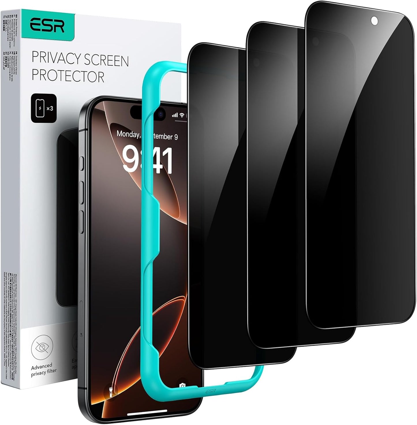 ESR 3 Pack for iPhone 16 Pro Max Privacy Screen Protector, Anti-spy Tempered-Glass Privacy Screen Protector with Easy Installation Tool, Micro-Curved Edges, Case Friendly