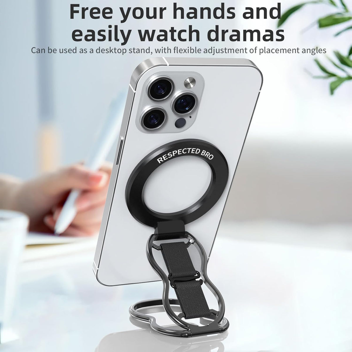 RESPECTED-BRO-Magnetic-Phone-Grip-Stand-with-Finger-Strap, 4-in-1 Magnetic Ring Holder, Kickstand and Elastic Strap for Smartphones, Universal Fit for iPhone, Android, and Cases (Black)